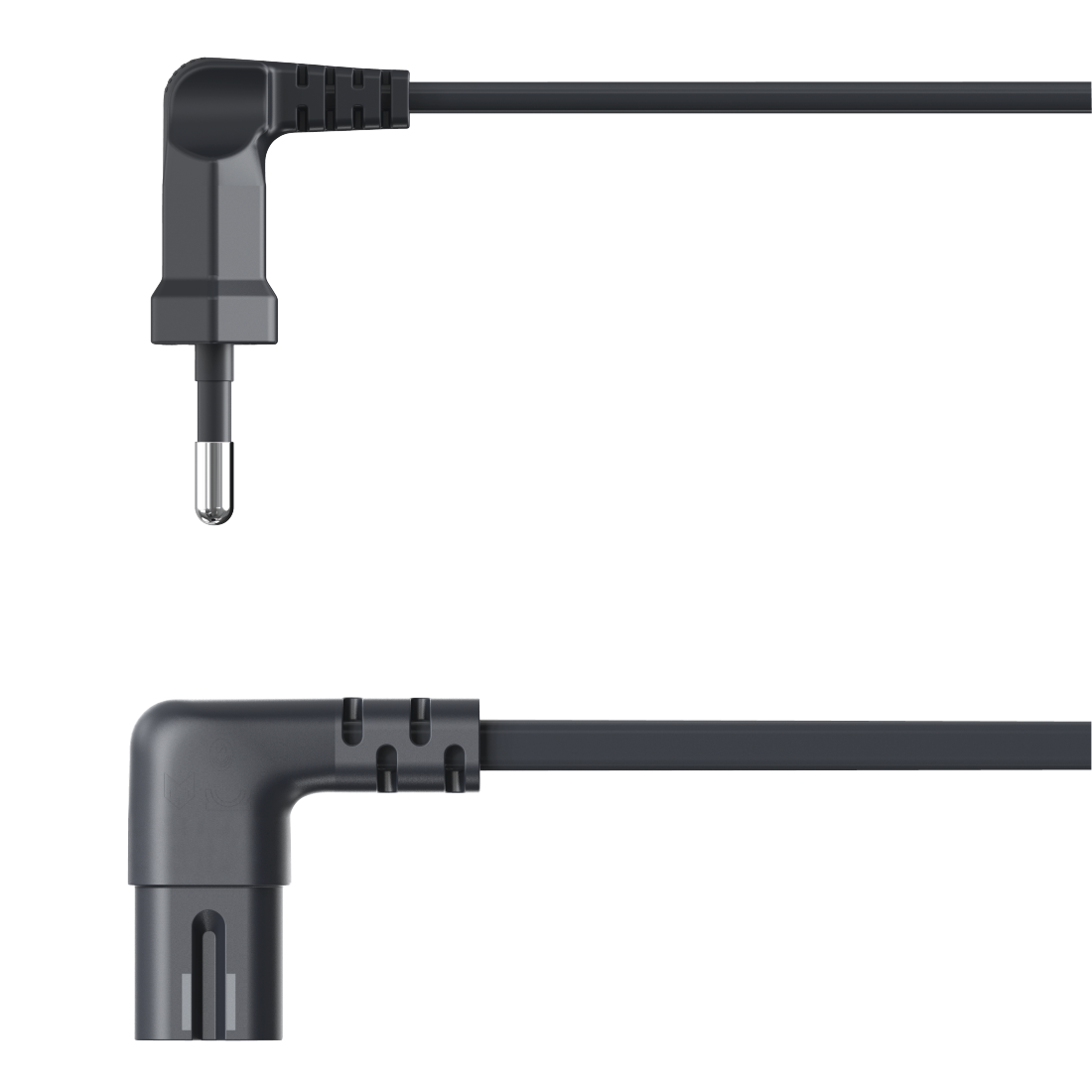 Dos cables negros en ángulo con conectores. Uno con conector de auriculares y otro con interfaz.