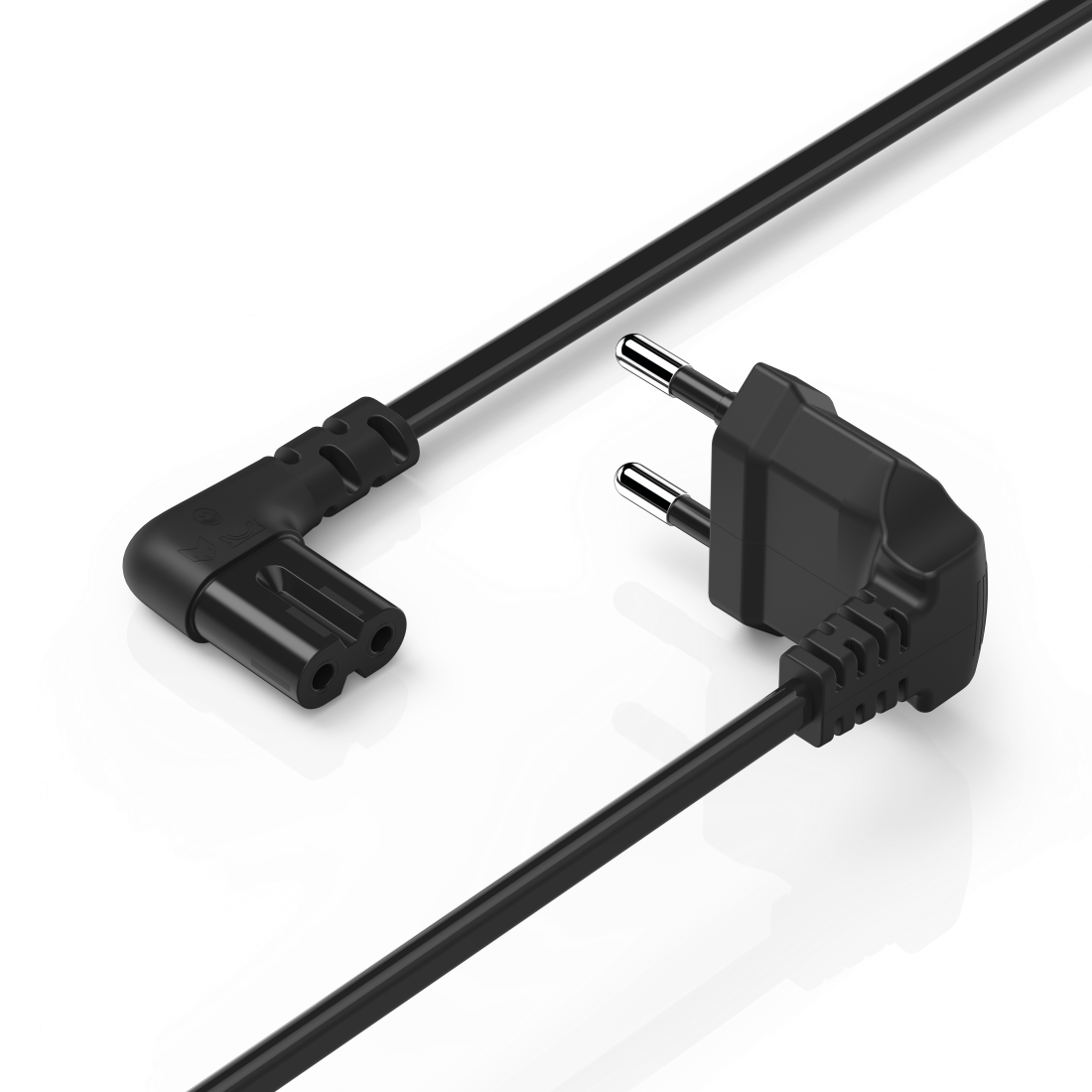 Cable de alimentación negro con un conector en ángulo y un enchufe de dos clavijas. Fondo blanco.