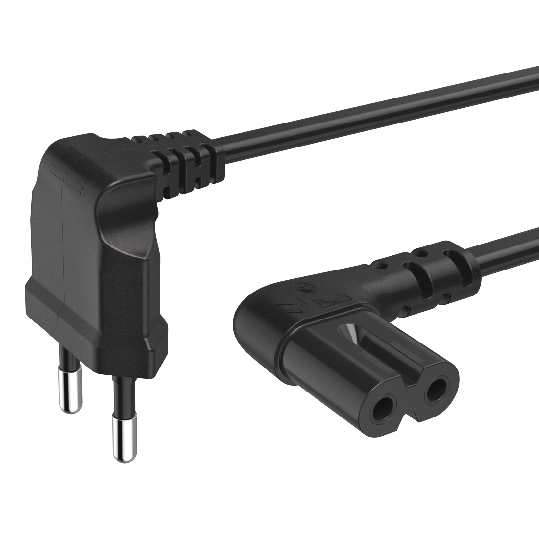Cable de alimentación negro con enchufe y conector IEC.