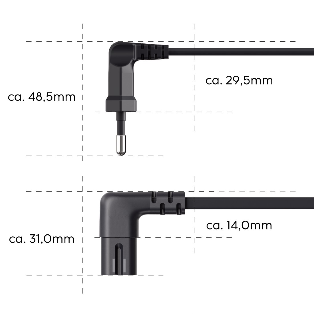 Un dibujo técnico de dos cables con sus dimensiones. Cables negros con conectores en ángulo recto.