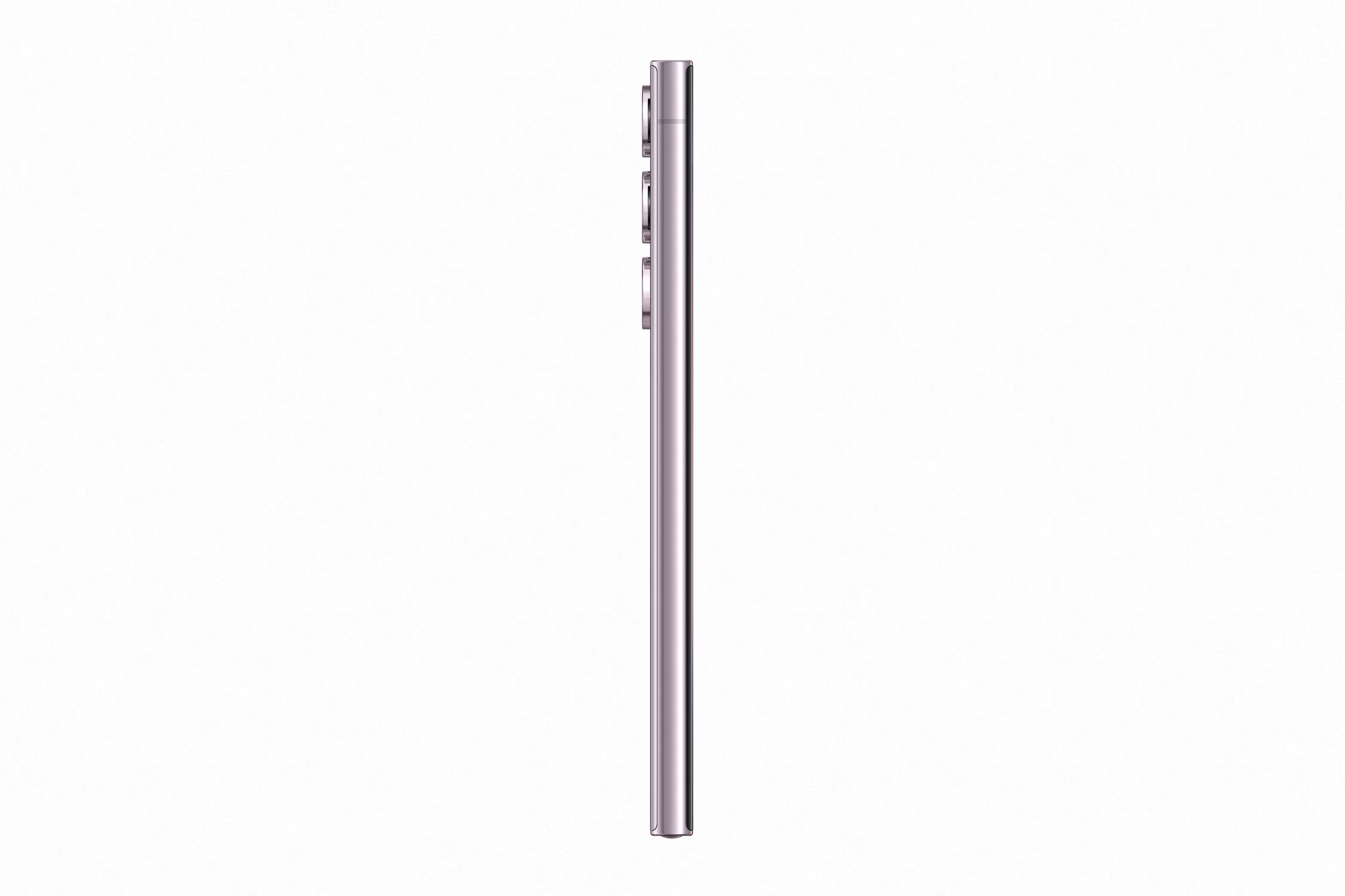 Zijaanzicht van een slanke roze telefoon met zijknoppen, tegen een witte achtergrond.