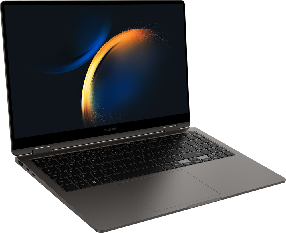 Een grijze Samsung laptop is open, met een kleurrijk scherm. Het toetsenbord is zichtbaar.