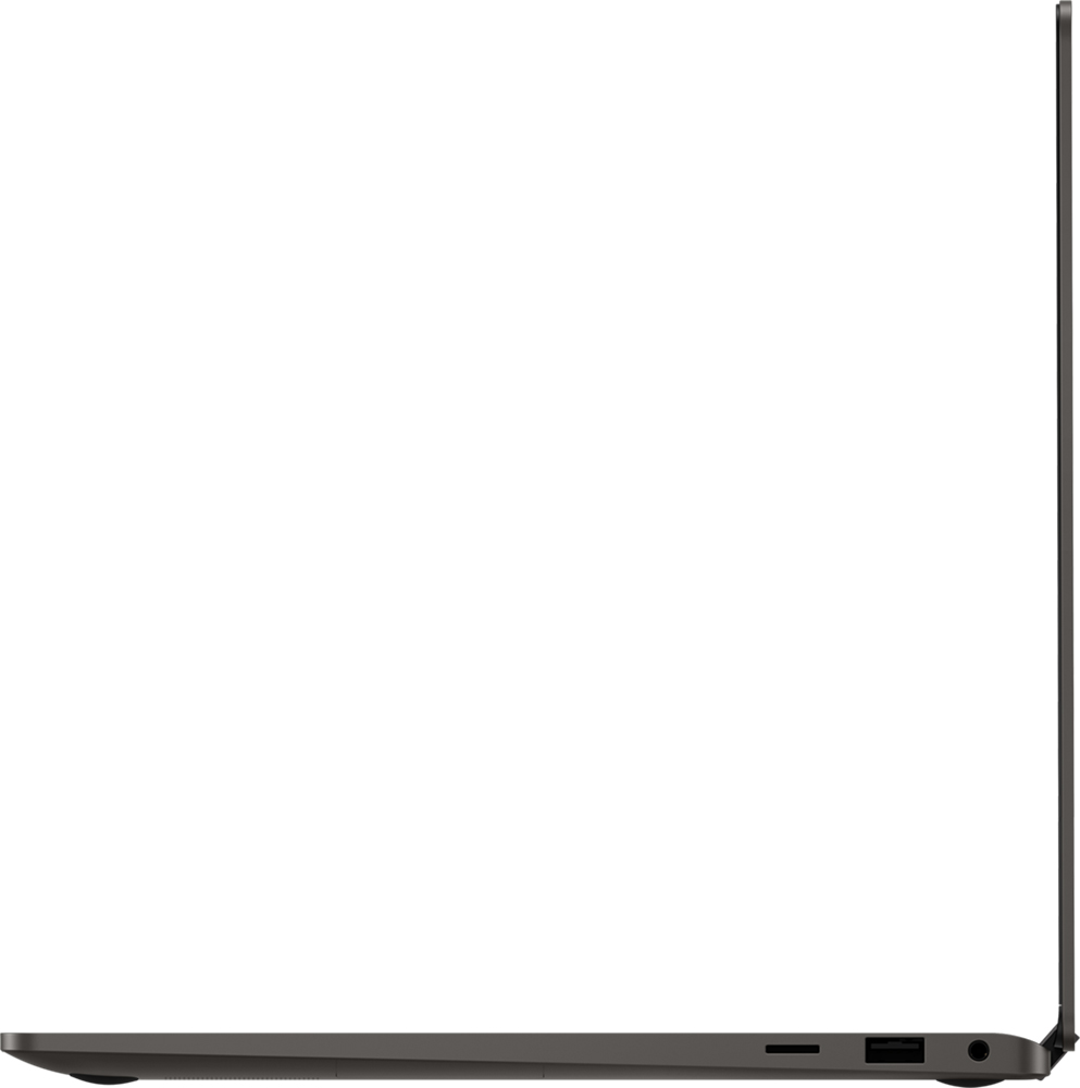 Zijaanzicht van een laptop. Display is gesloten. De laptop is donkergrijs.