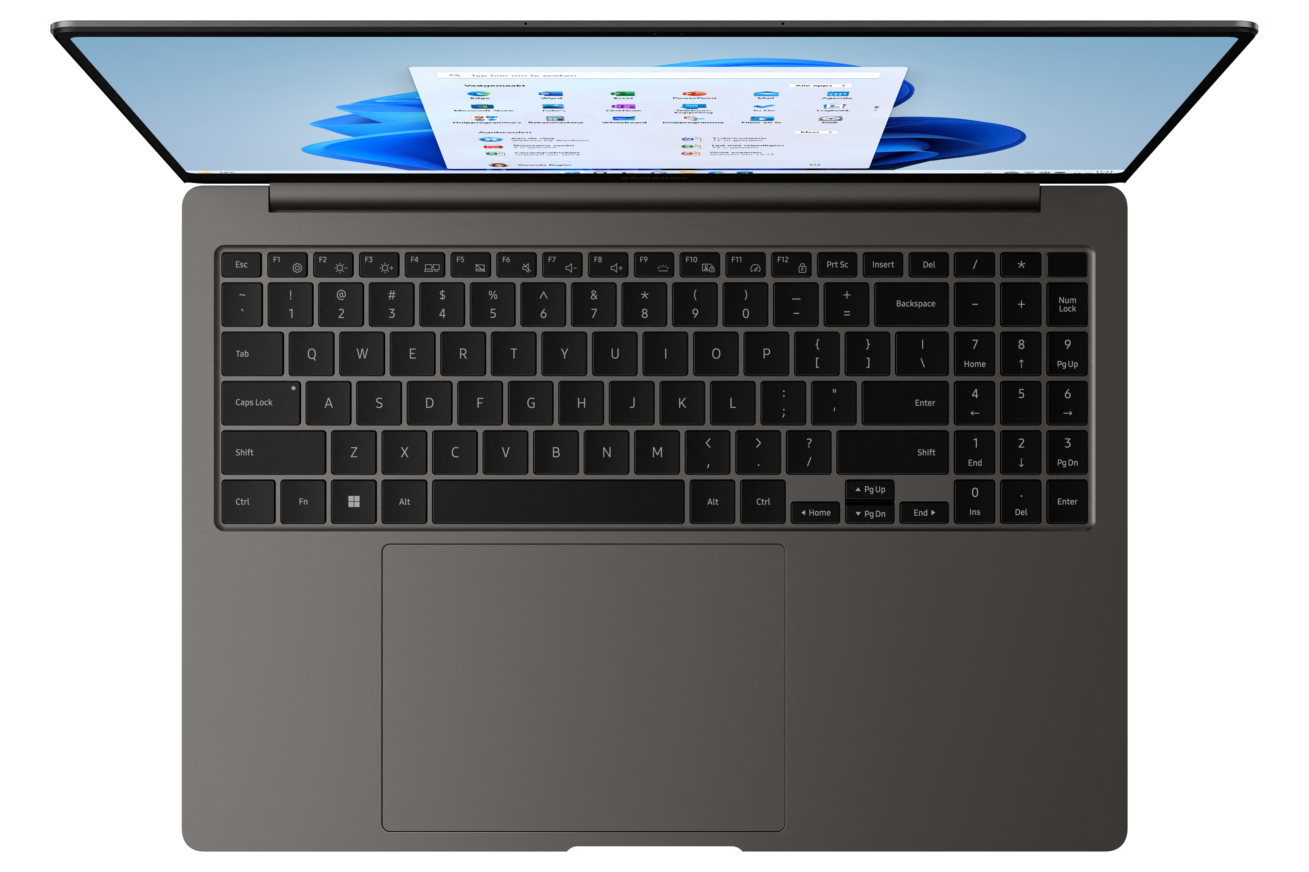 Laptop from above with keyboard and screen. The screen displays a Windows interface.