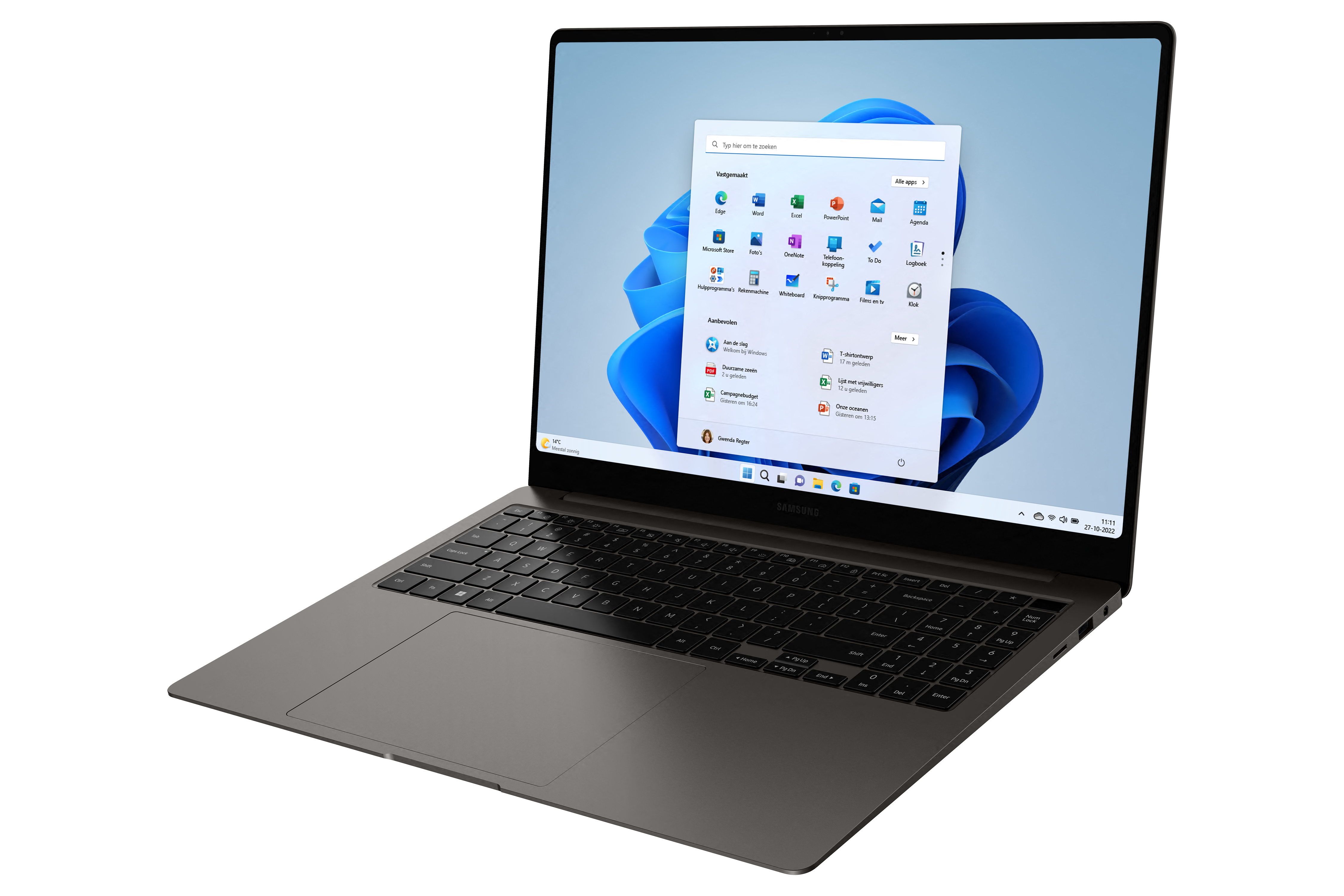 A gray Samsung laptop with the Windows 11 interface open, showing the start menu. The screen is angled.