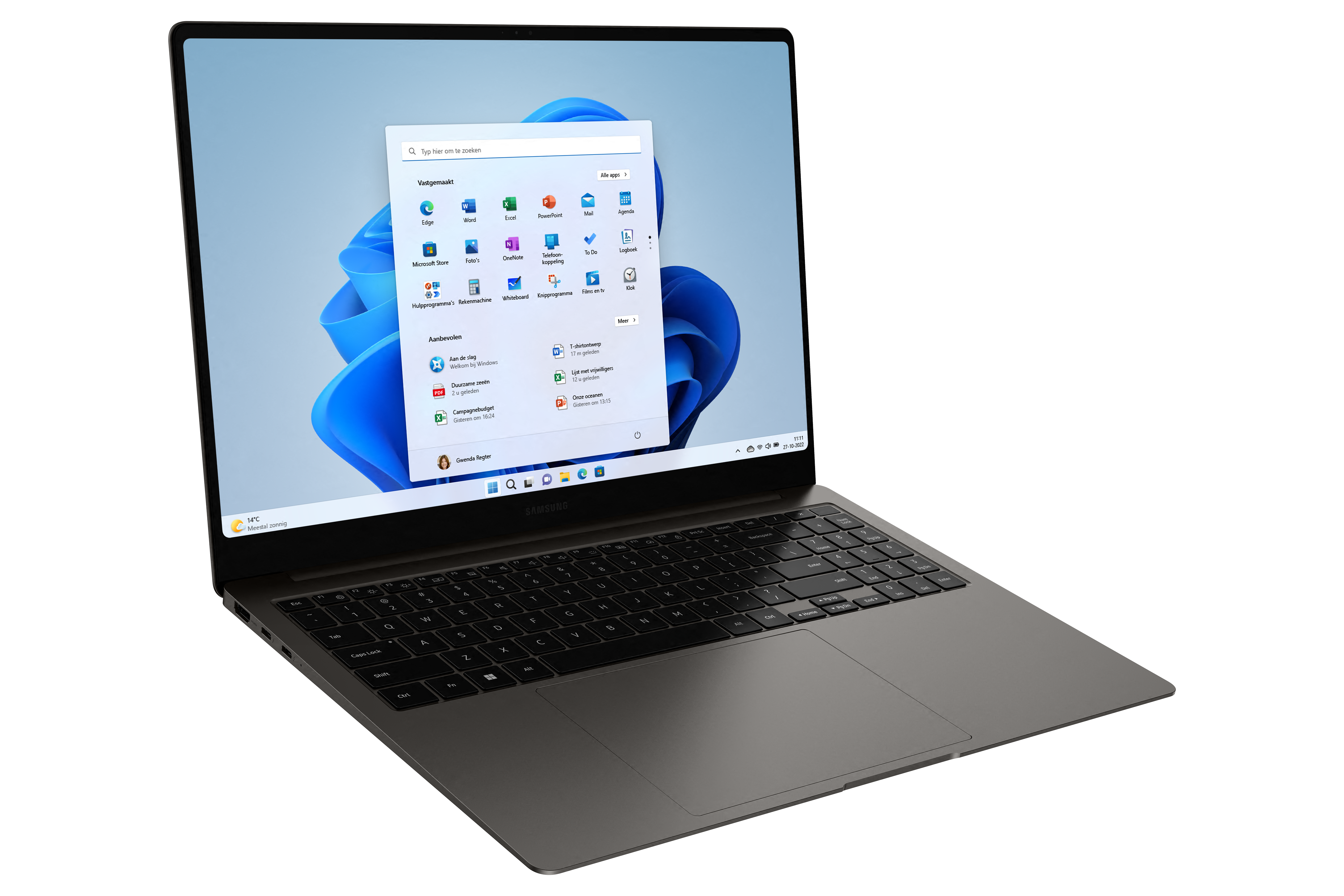 A silver laptop displays the Windows 11 start menu. The screen shows app icons and a search bar. Black background.