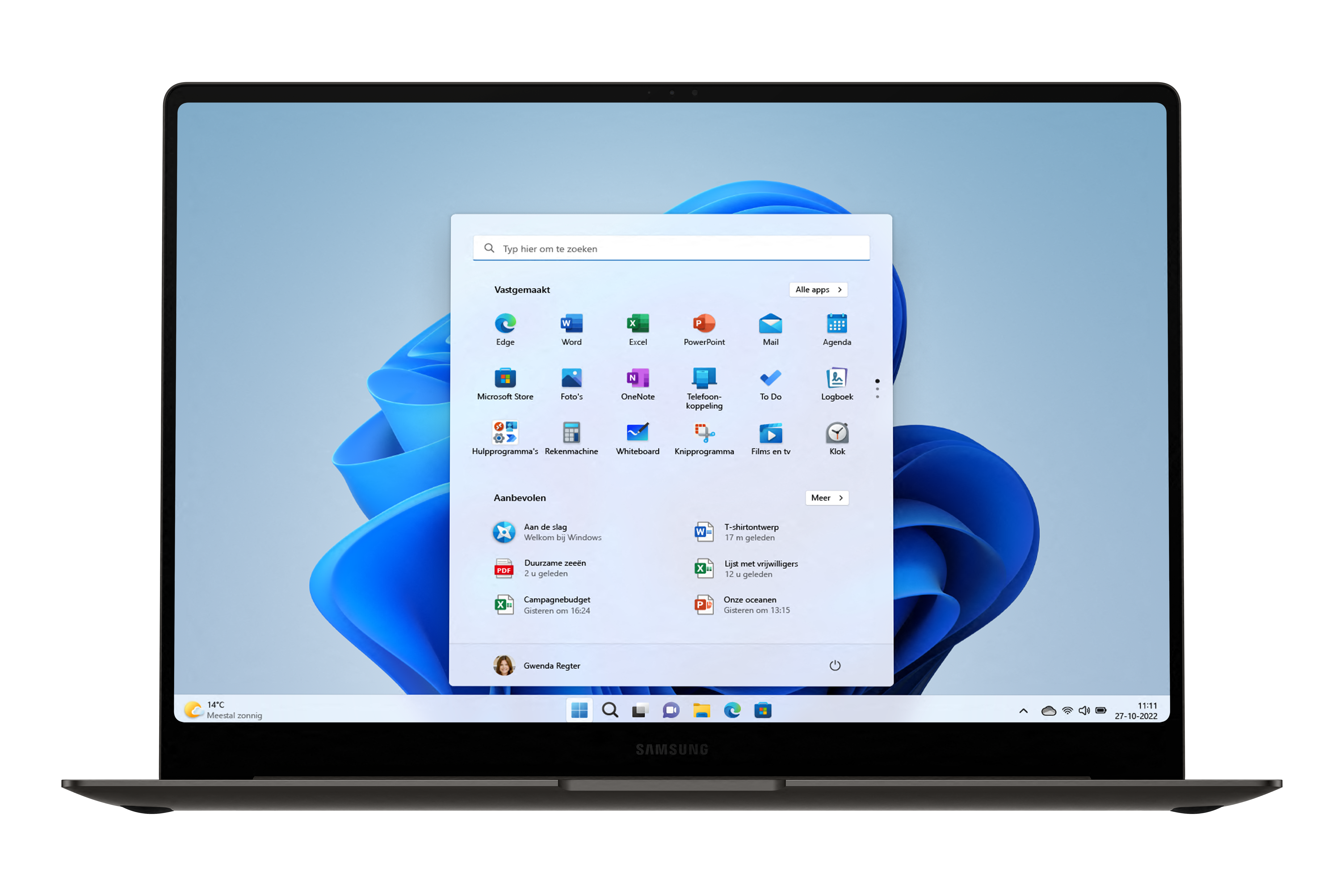 Laptop displaying Windows 11 interface, with app icons and a blue and white background. Samsung logo at the bottom.