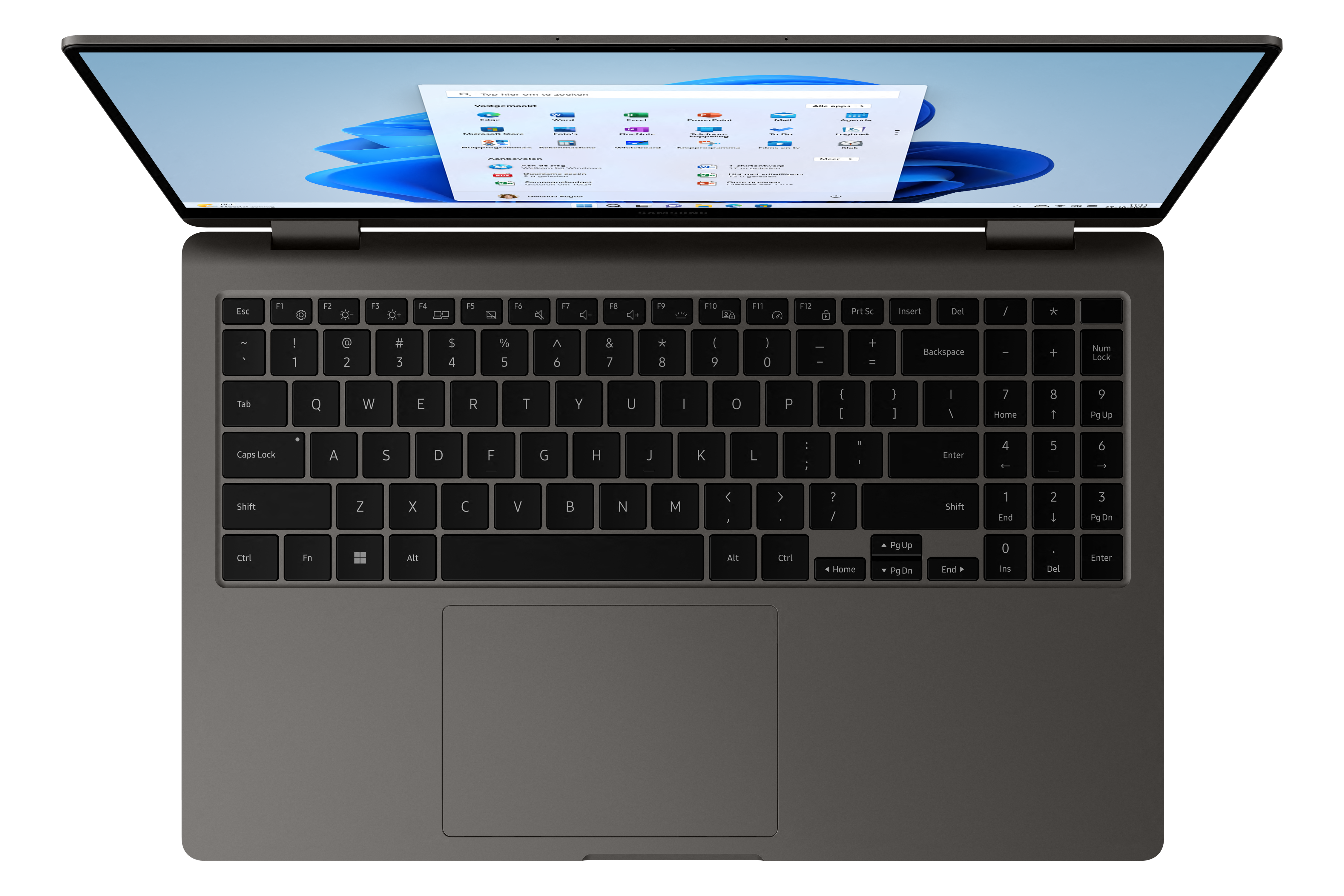 A dark laptop is open, screen shows Windows 11 start menu.
