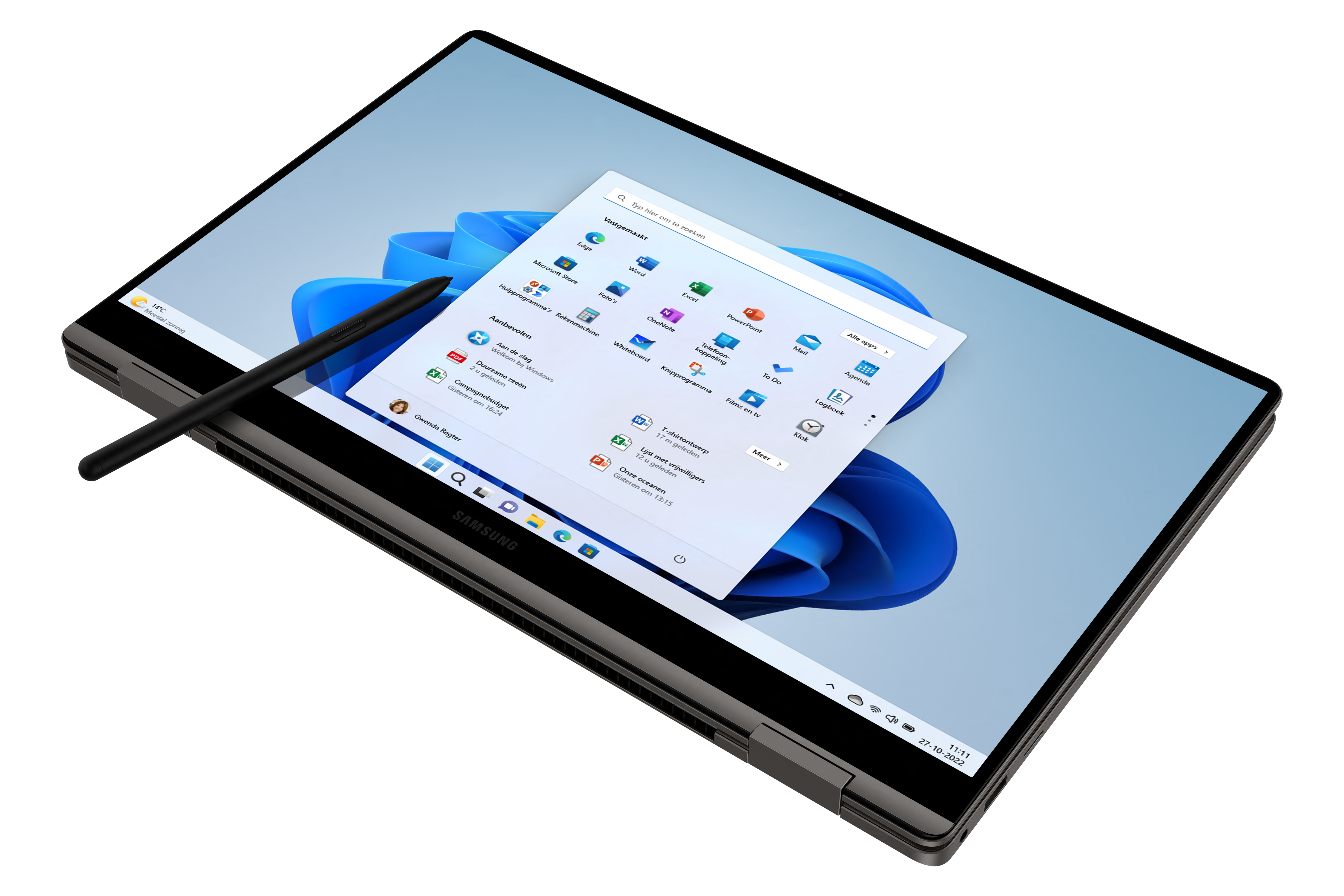A convertible laptop with a touchscreen displaying a Windows 11 interface, and a stylus on its side.