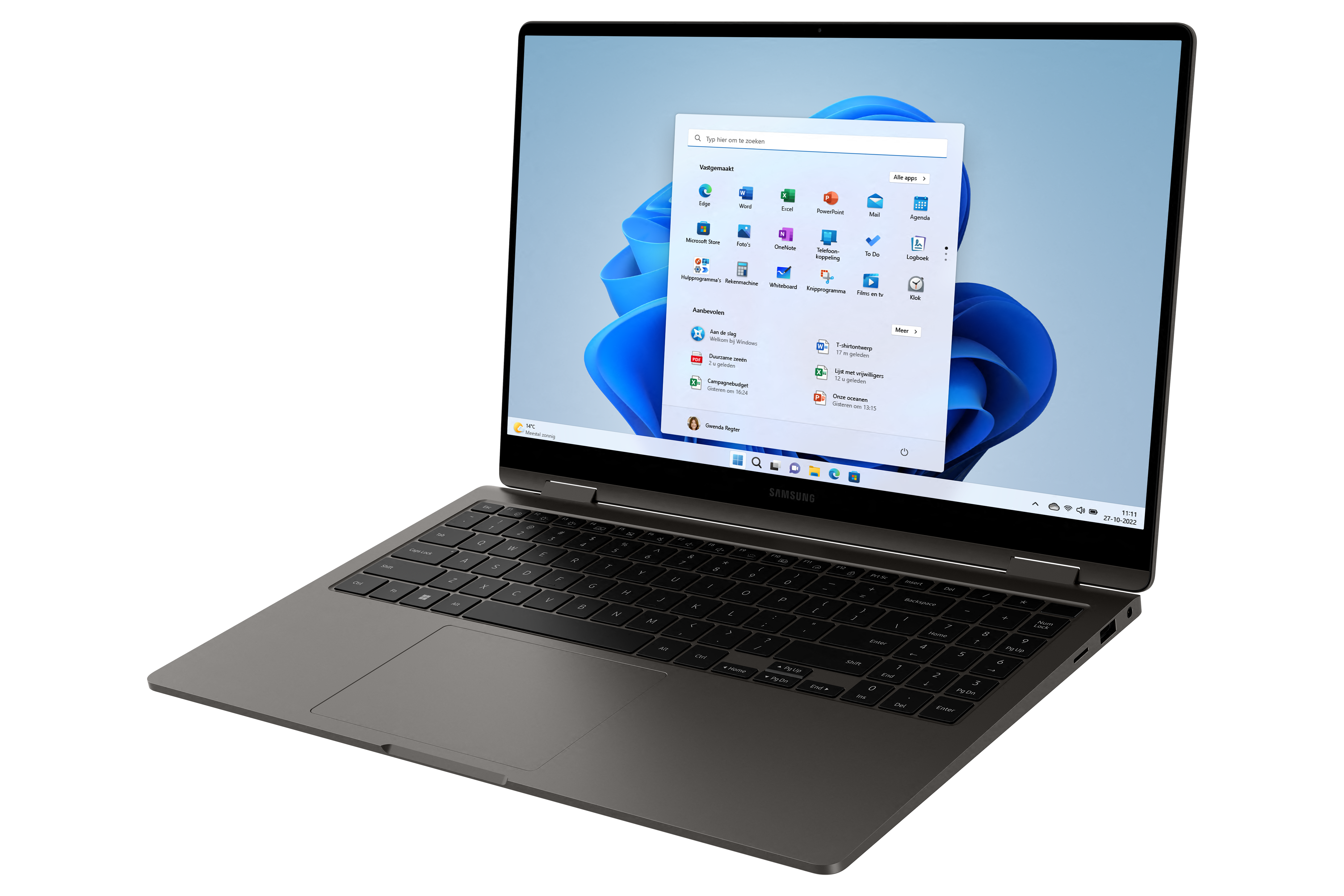 A laptop displays a Windows 11 interface, open on a desk.