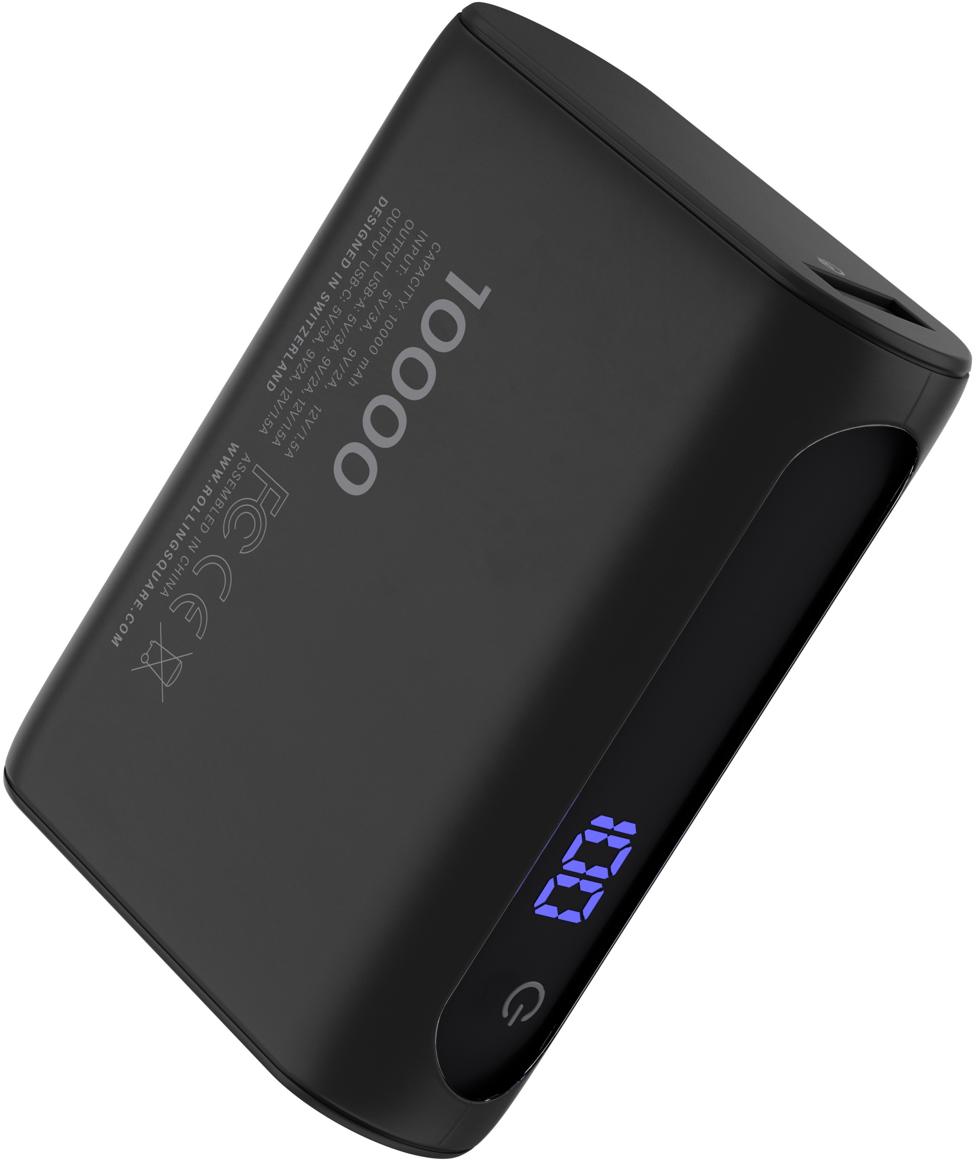 Schwarze Powerbank mit digitaler Anzeige 100 % und dem Text '10000'.