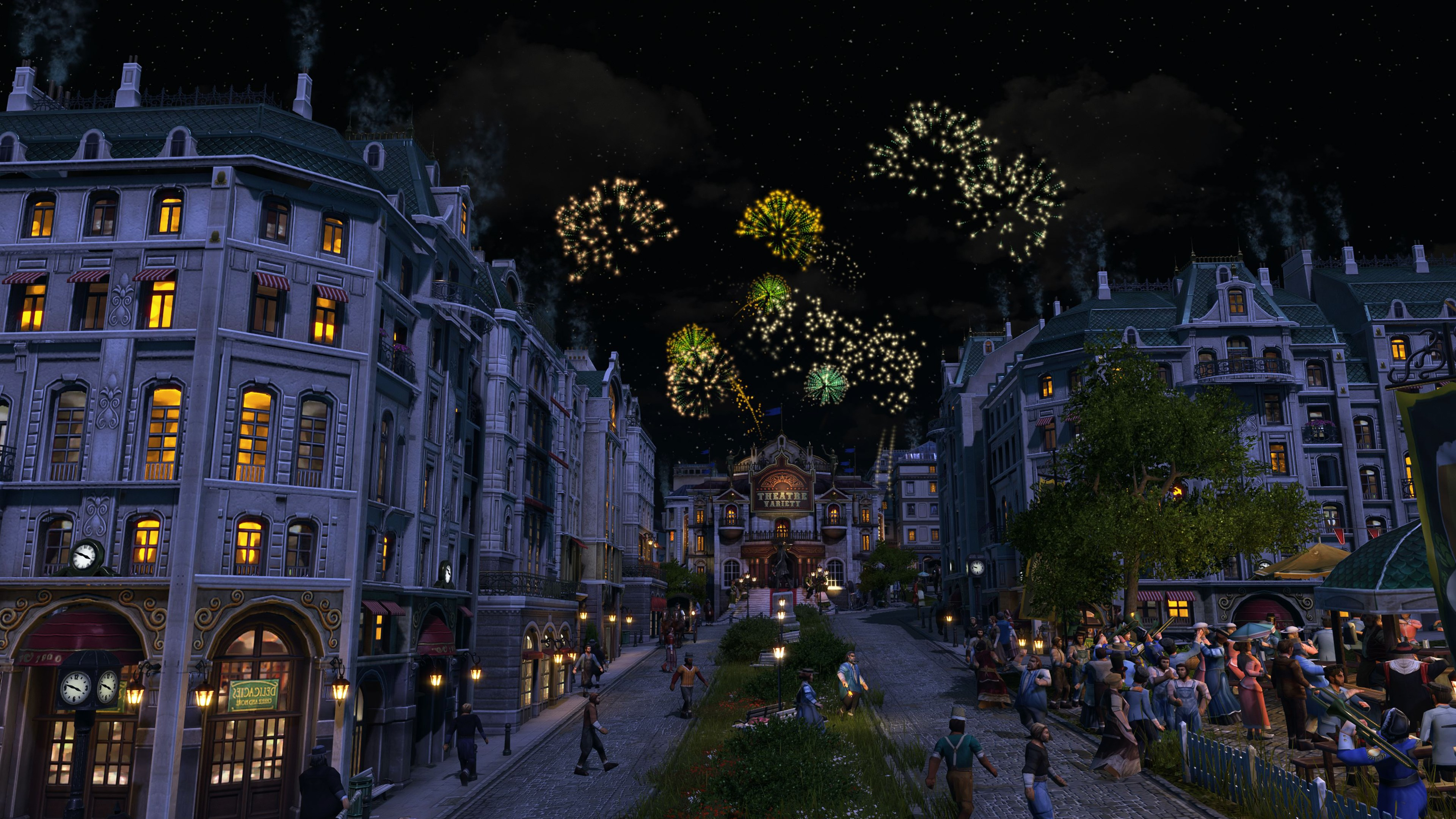 Scène de nuit d'une ville avec feux d'artifice au-dessus des bâtiments, des gens dans les rues.