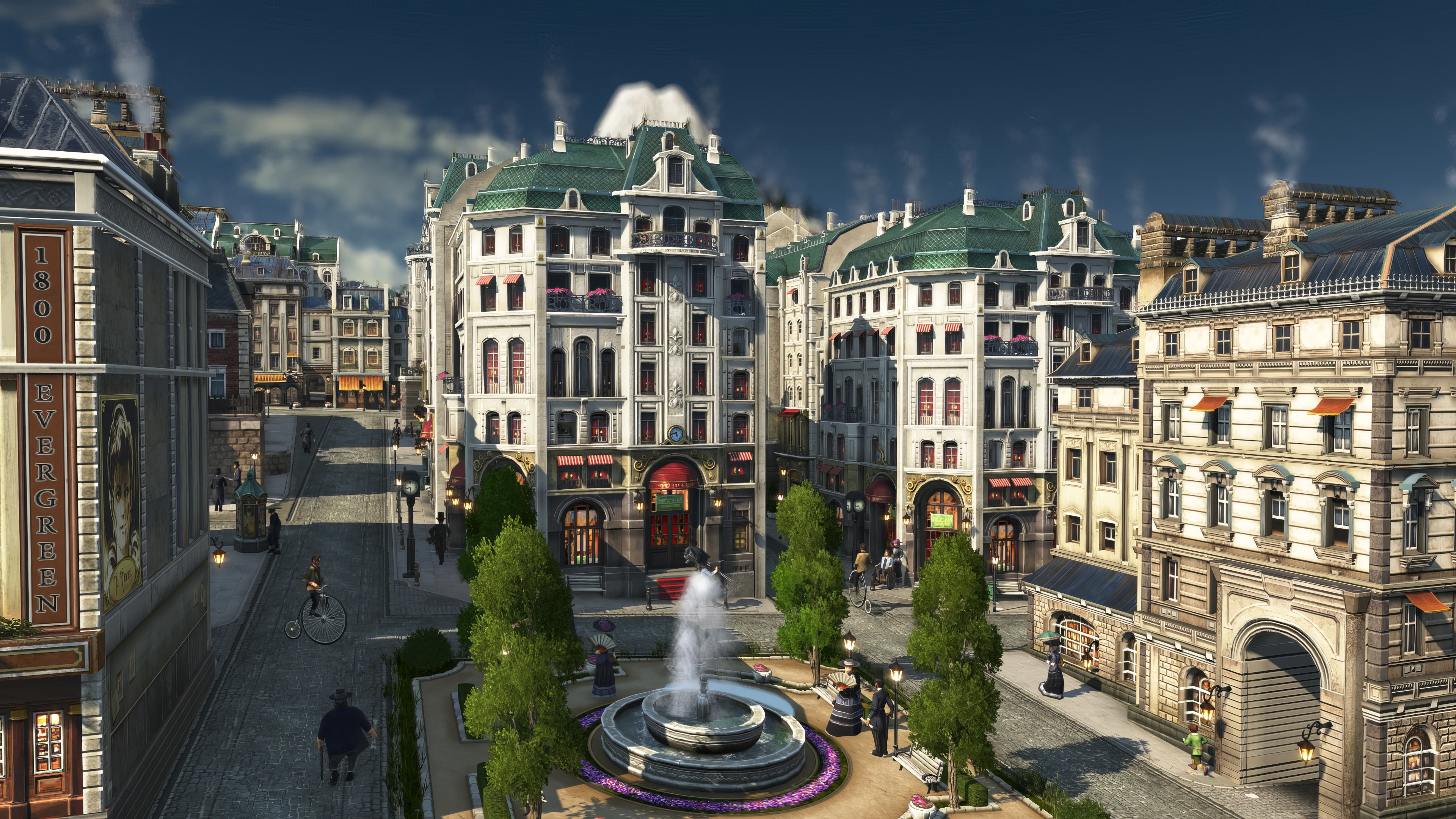 Paysage urbain avec bâtiments, fontaine et personnes dans un jeu de simulation.