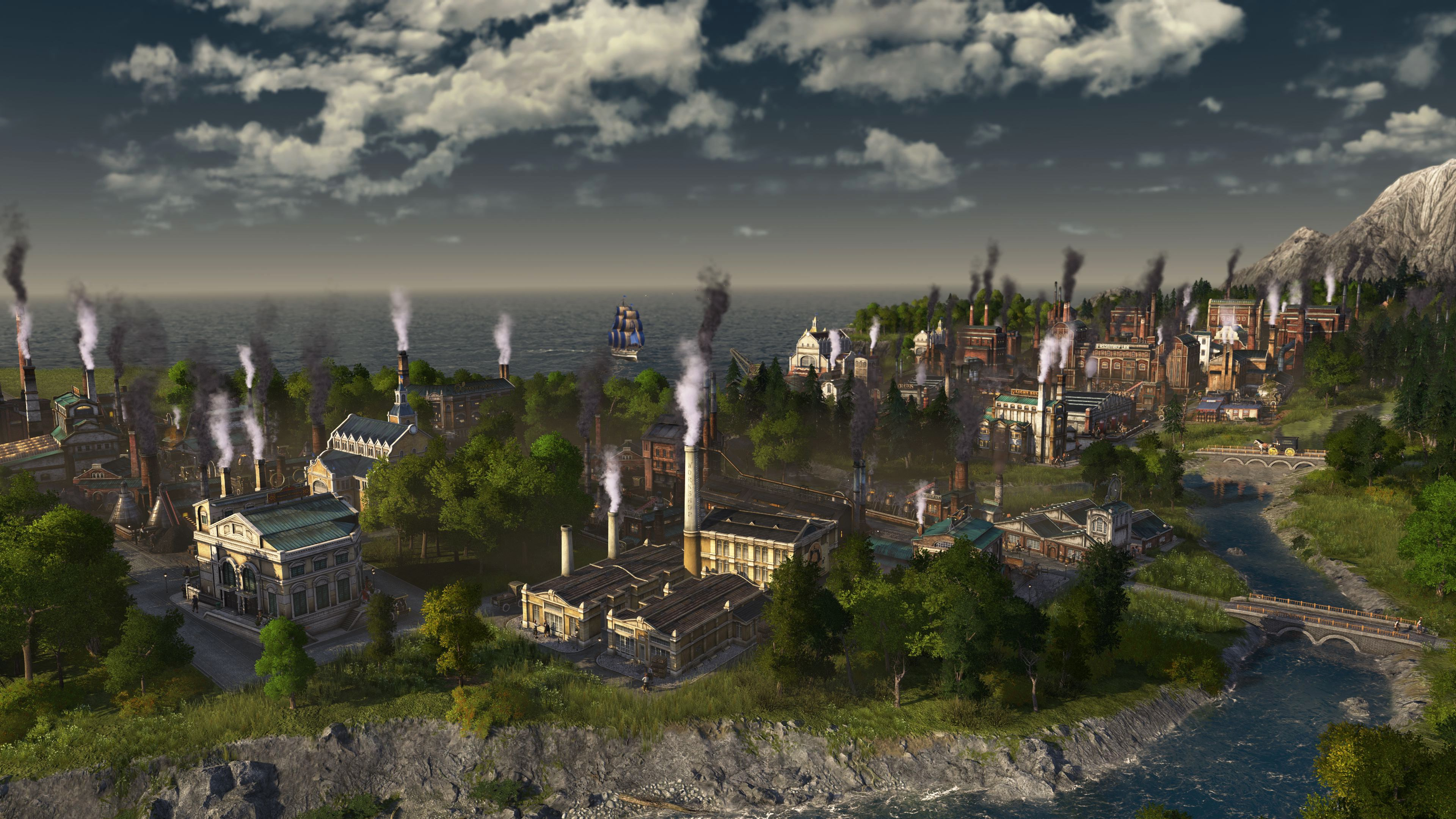 Une ville avec des usines, des arbres et un navire au loin, avec un arrière-plan montagneux.