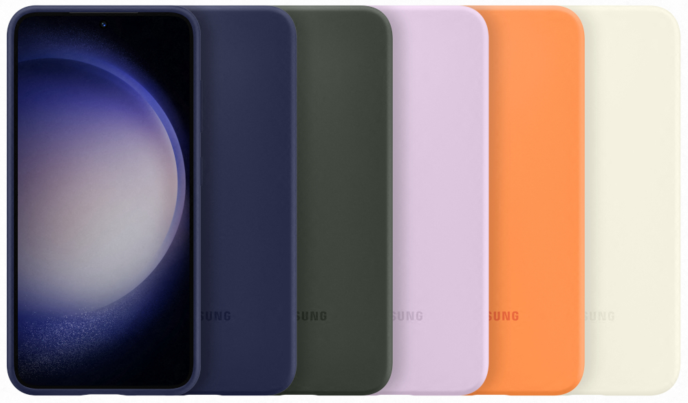 Telefoon en zes hoesjes. Blauw, groen, paars, oranje, crème en zwart. Samsung telefoon.