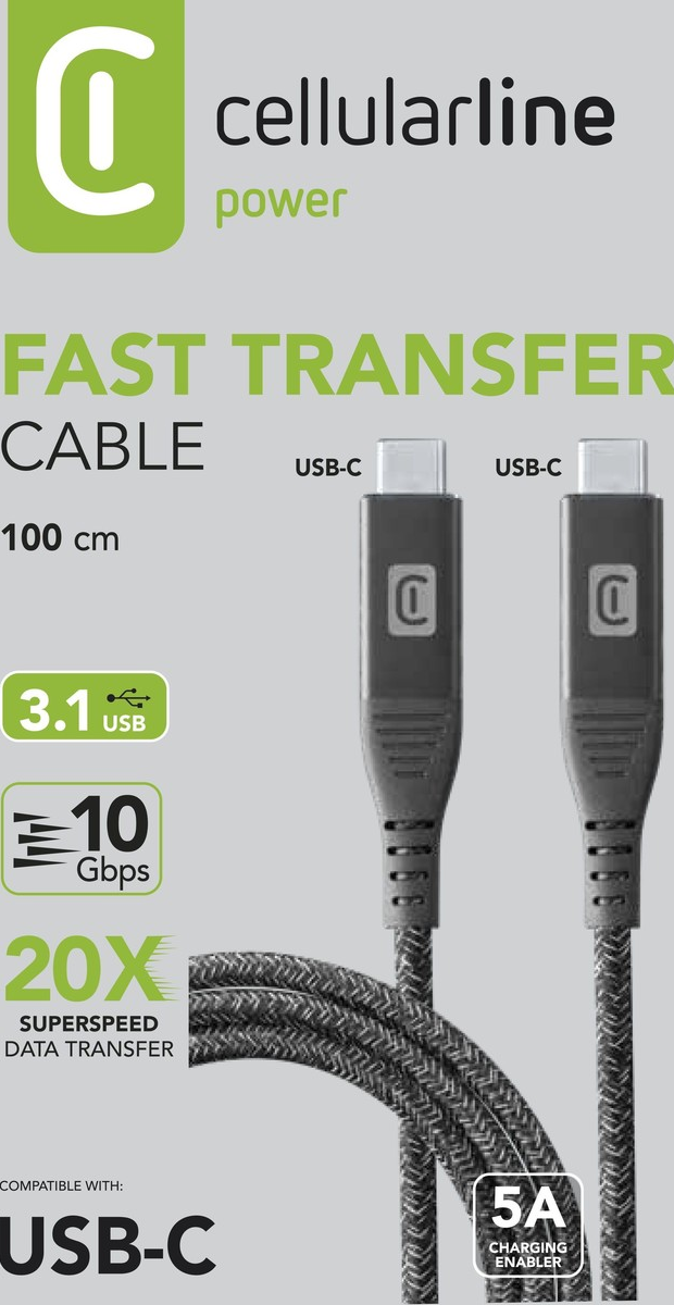 Schwarzes und graues USB-C-Kabel mit USB-C-Anschlüssen. Text auf dem Kabel: Fast Transfer Cable.