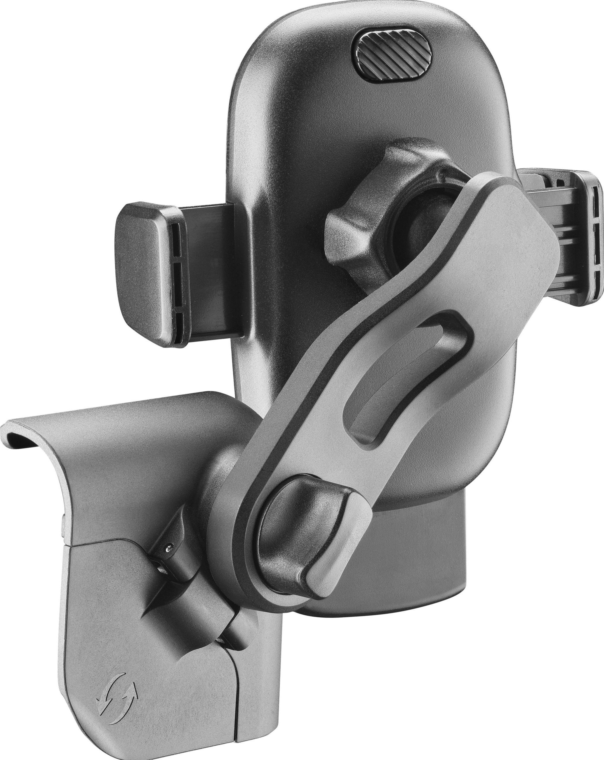 Support de téléphone de voiture gris foncé avec bras et tête réglables.