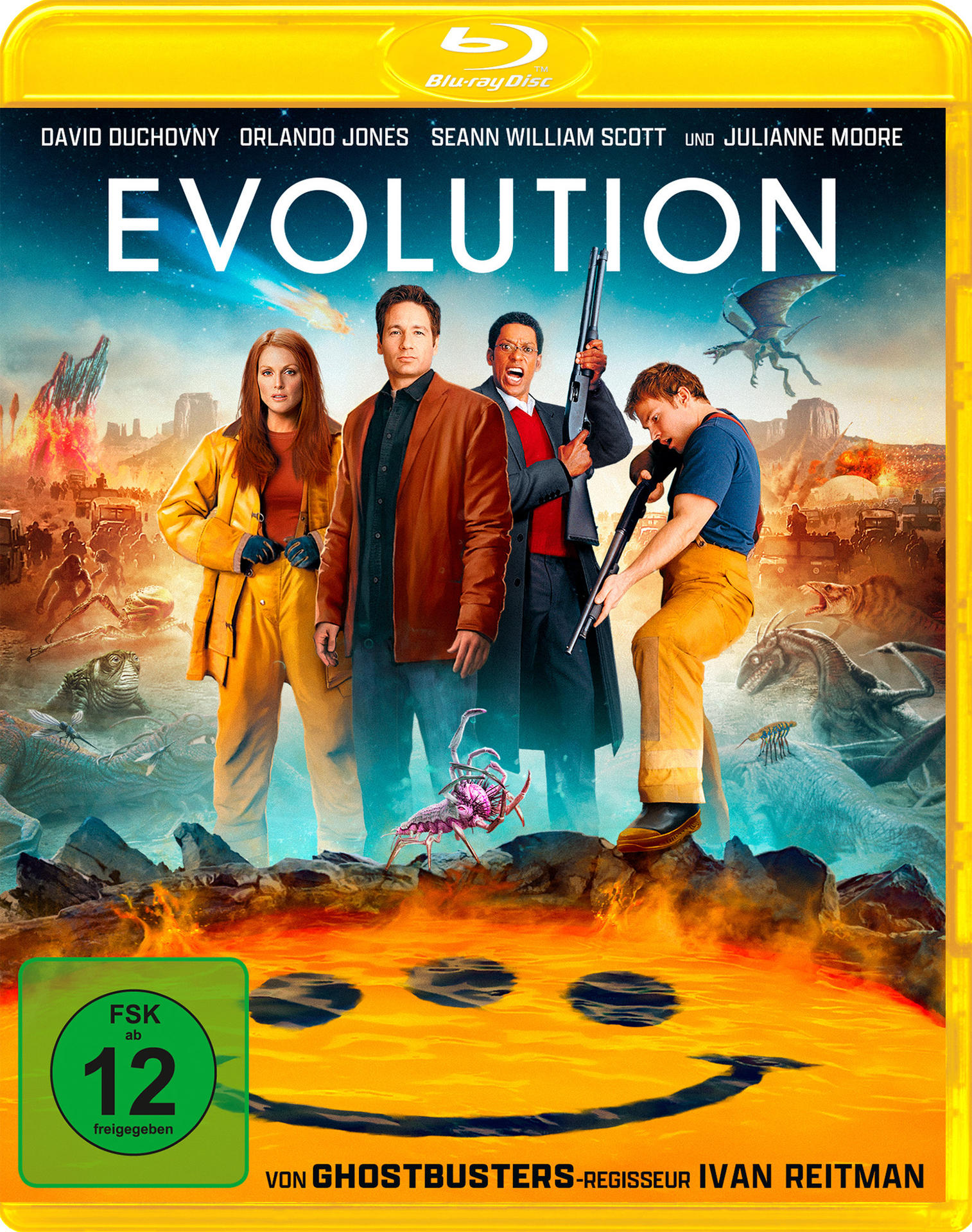 Filmcover mit Charakteren, Titel Evolution, mit Menschen und Kreaturen in Flammen.