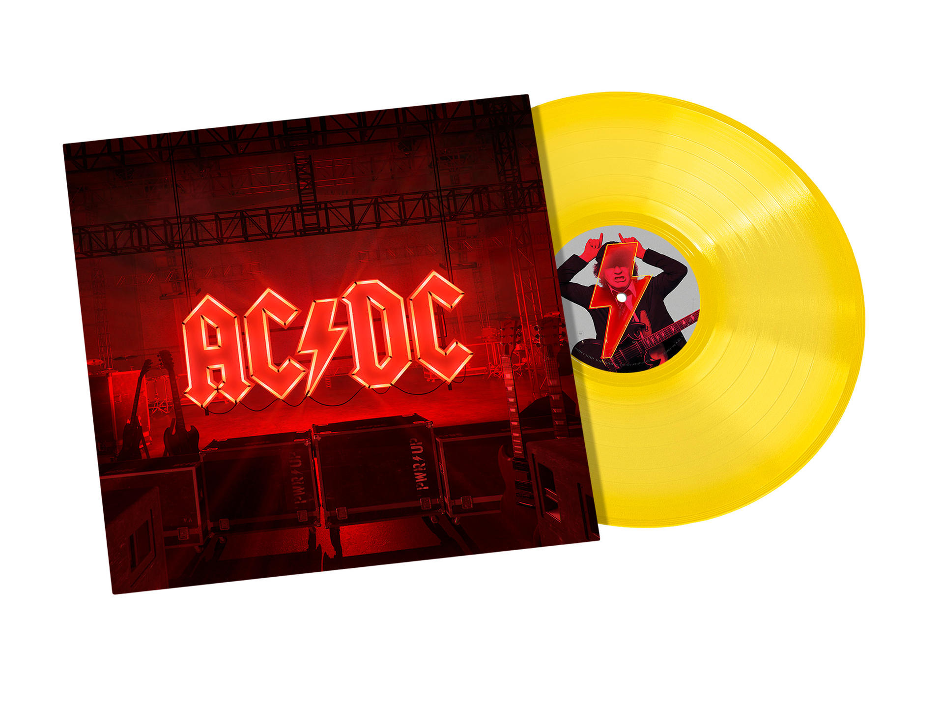 AC/DC-Albumcover und gelbe Vinyl-Schallplatte. Das Cover zeigt den Bandnamen in Rot.