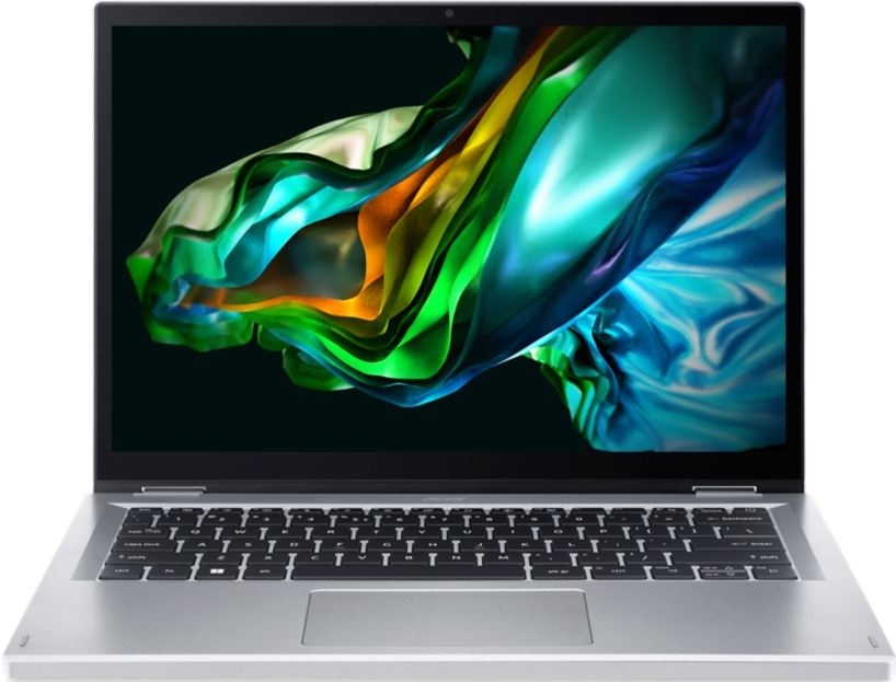 Laptop con un design astratto colorato sullo schermo. La tastiera è visibile con una cornice argentata.