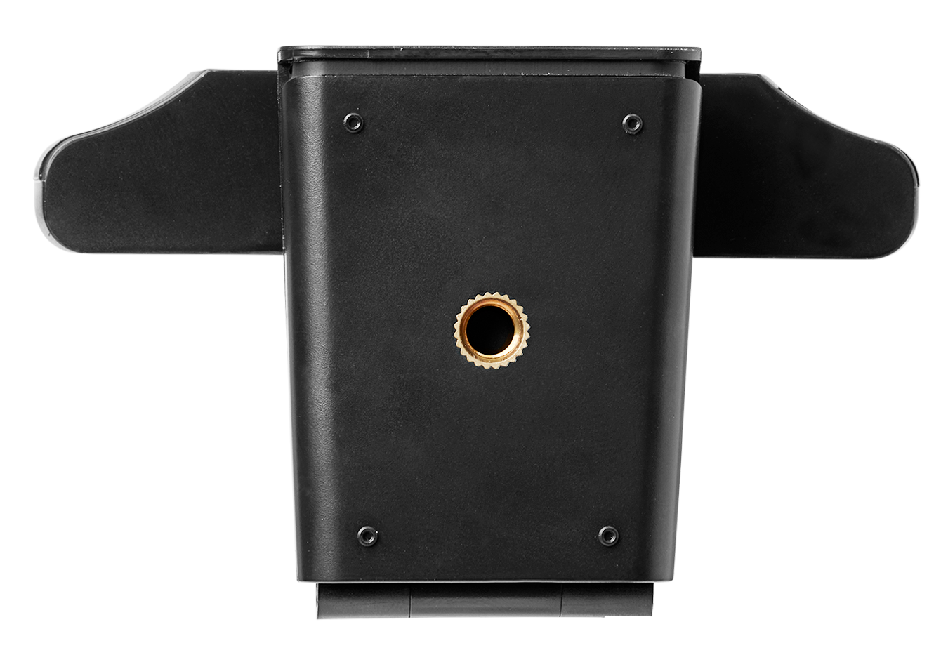 Fekete eszköz, kamera tartó. Arany színű csavarlyuk. Két szárny. Fekete háttér.