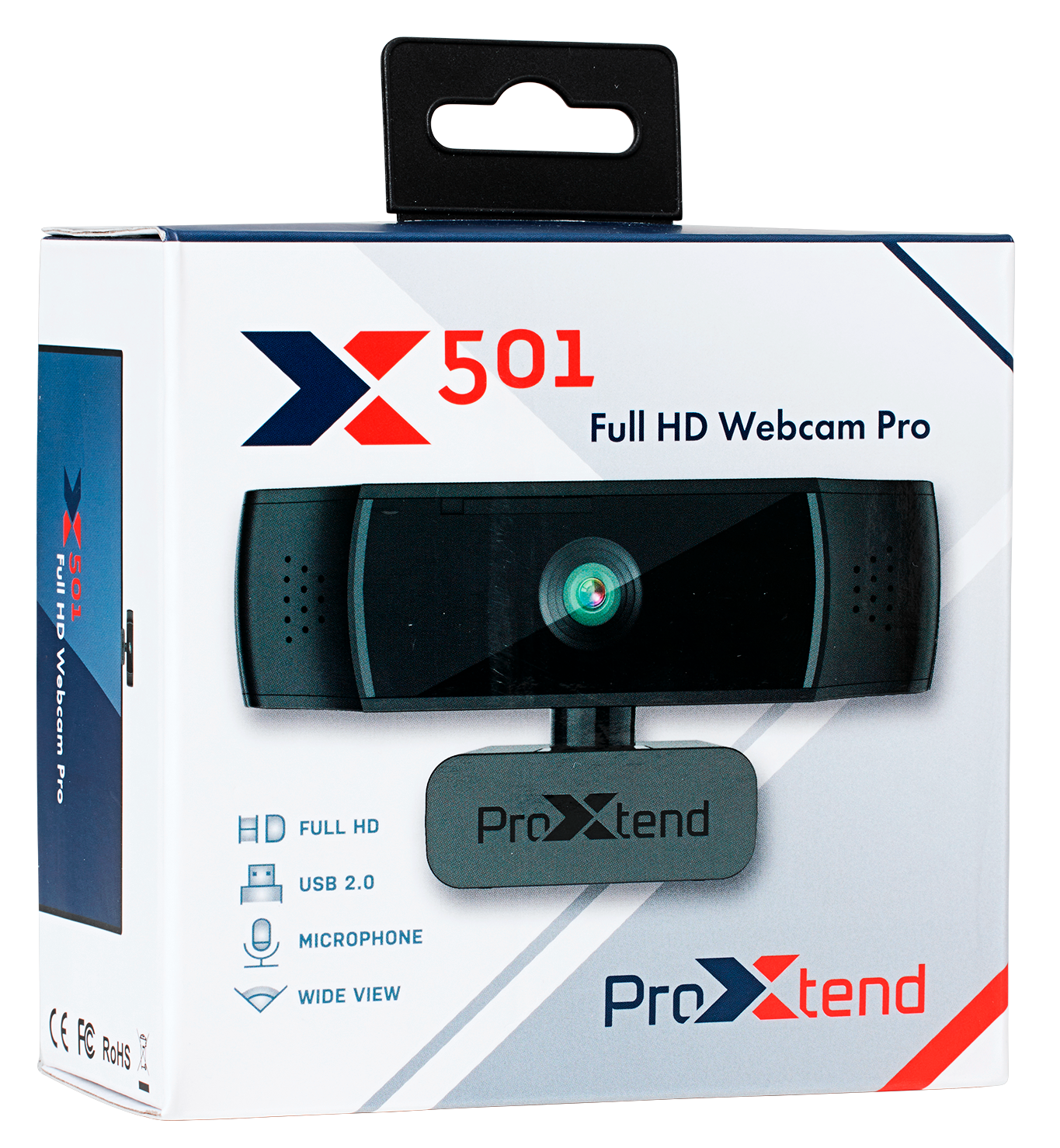 Webkamera doboz, fekete webkamera látható. Szöveg: Full HD Webkamera Pro, USB 2.0, Mikrofon, Széles látószög.