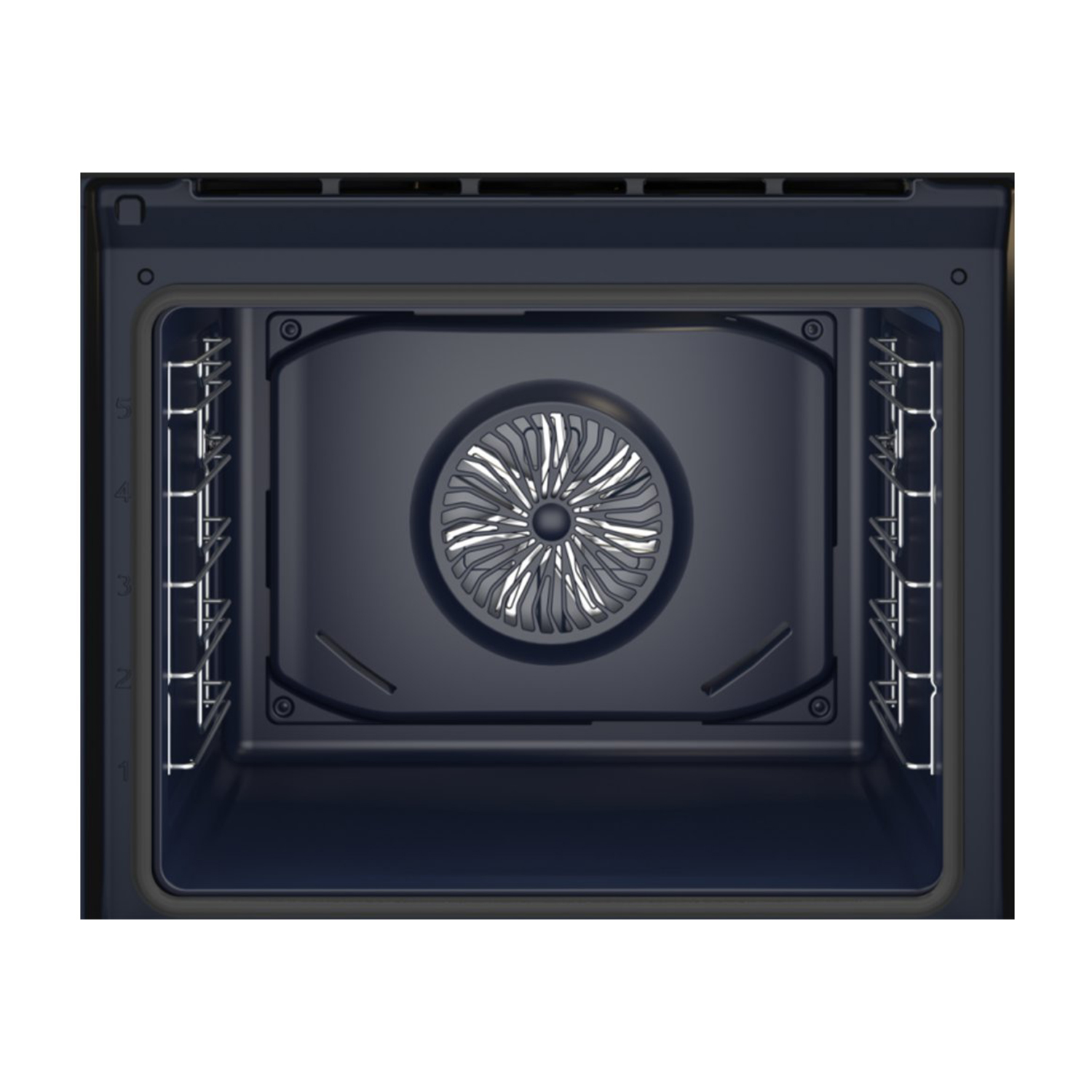 Interno del forno con ventola. Il forno è blu scuro con griglie metalliche.
