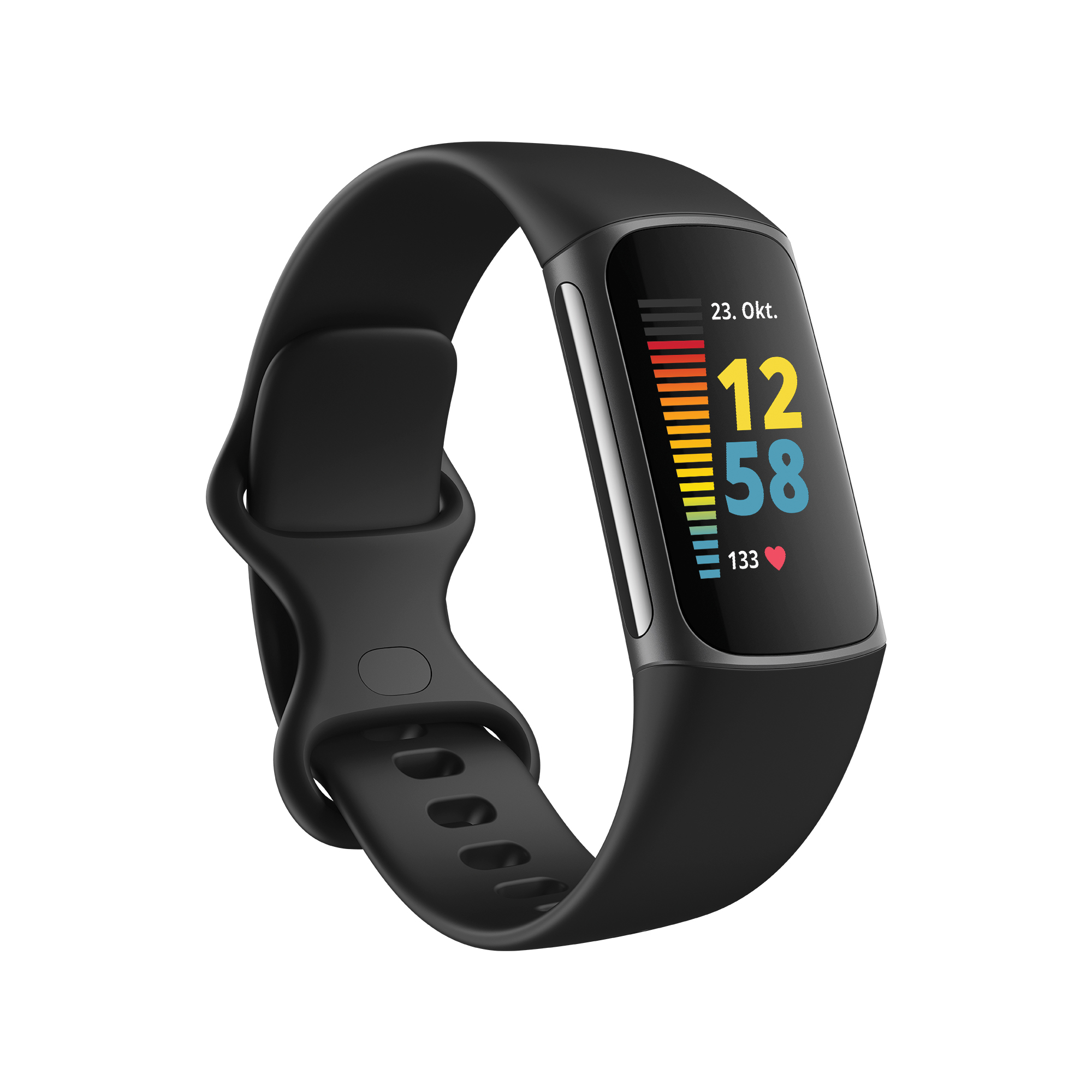 Schwarzer Fitnesstracker mit Digitalanzeige, die Zeit und Herzfrequenz anzeigt.