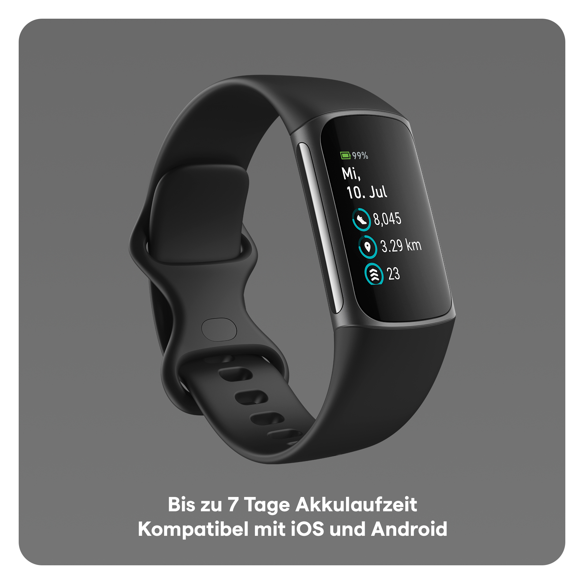 Schwarzer Fitnesstracker mit gewölbtem Bildschirm, der Daten anzeigt. Das Armband ist schwarz, der Hintergrund grau.