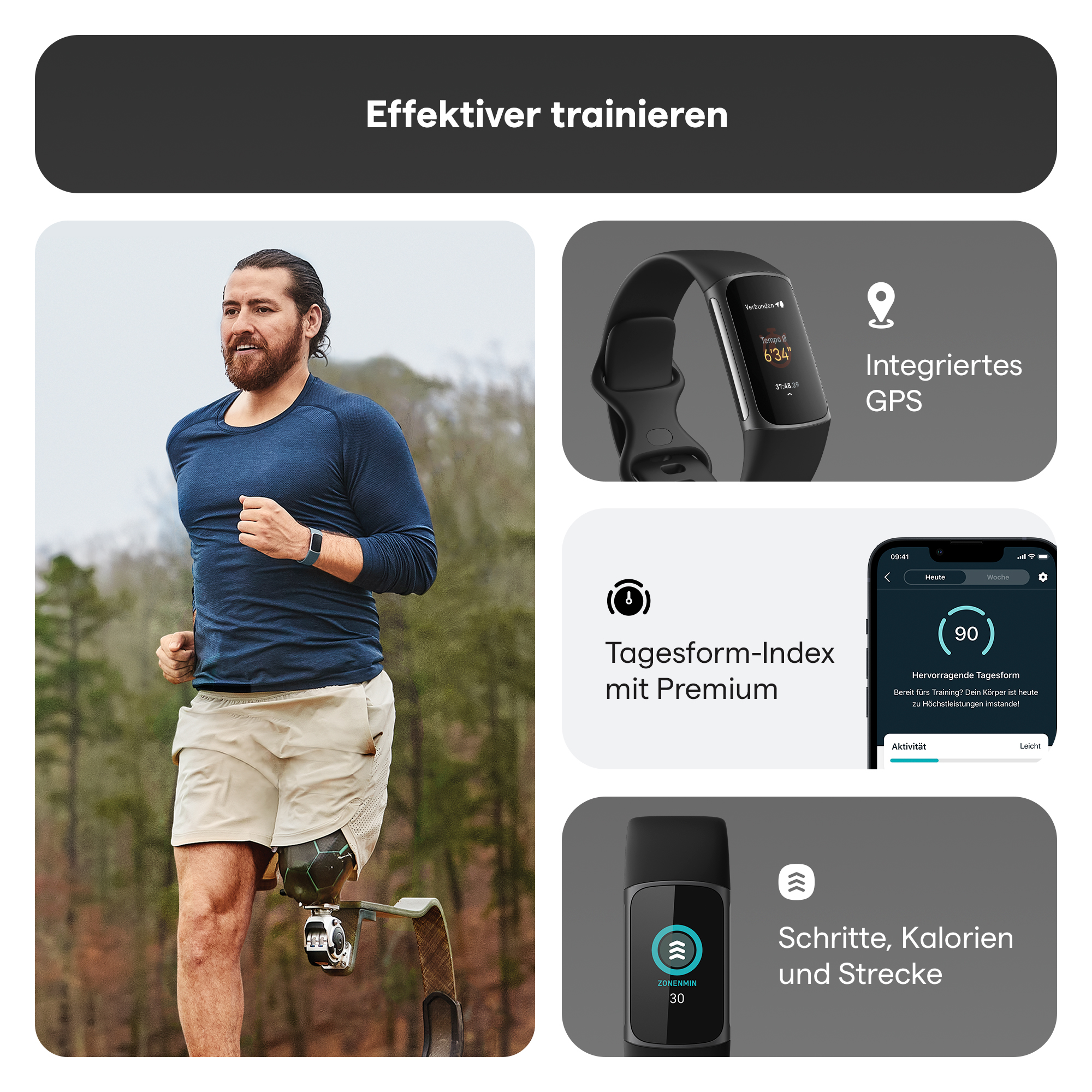 Mann mit Beinprothese, Smartwatch und App-Grafiken, Text: Effektiver trainieren.