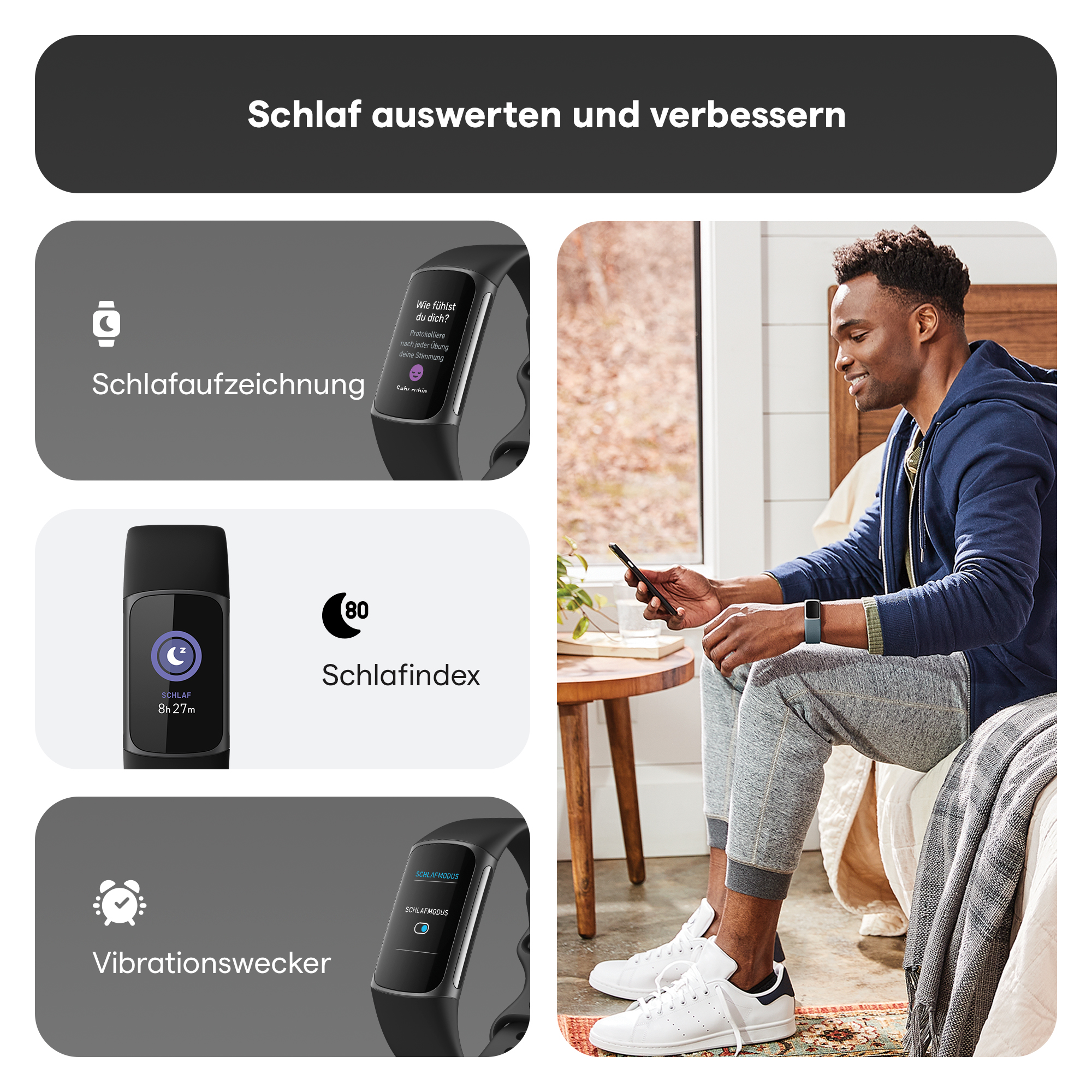 Mann benutzt Smartwatch. Bilder zeigen Schlafanalysefunktionen mit Bett im Hintergrund.