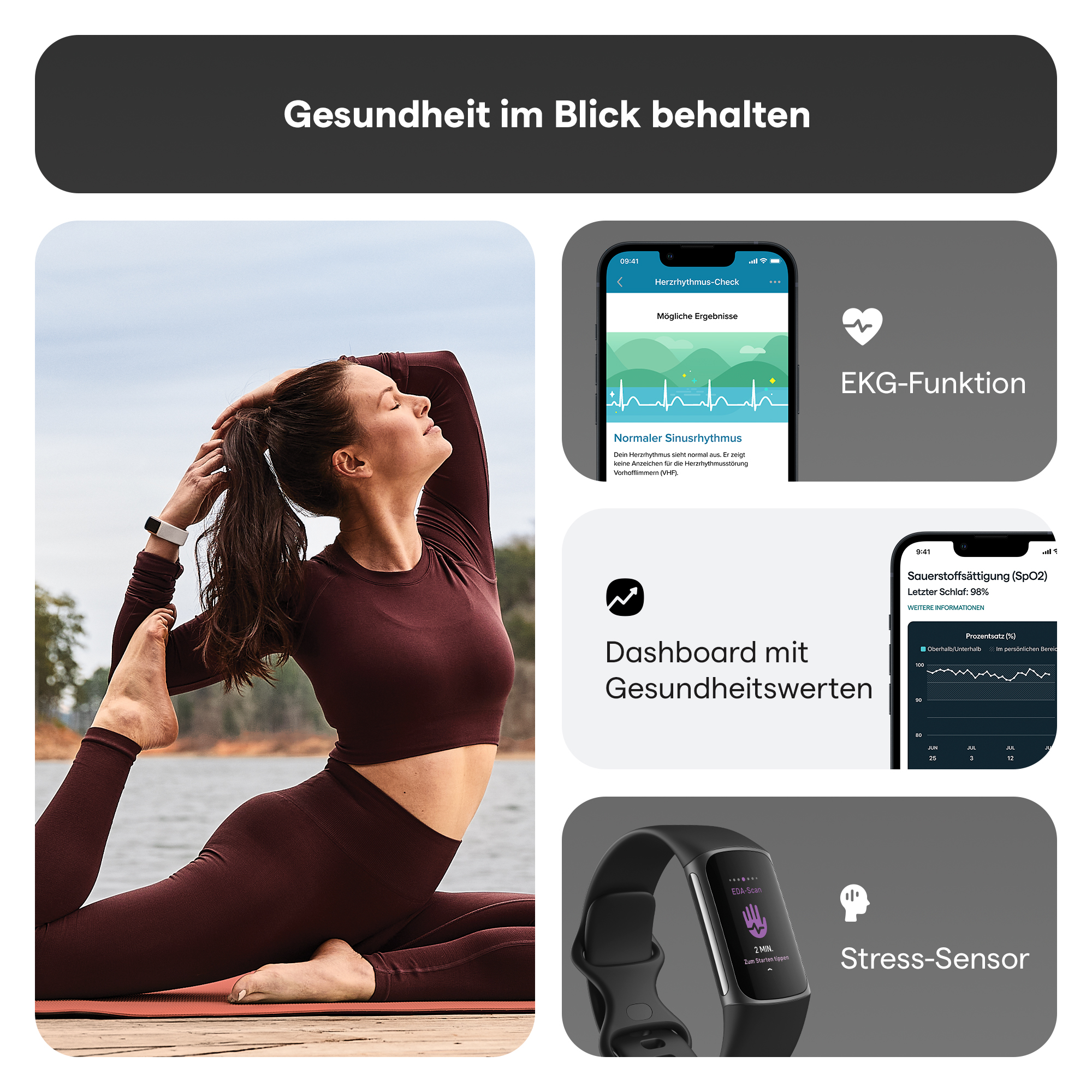 Frau macht Yoga, Gesundheits-App auf dem Handy und Gesundheitsdaten-Visuals.