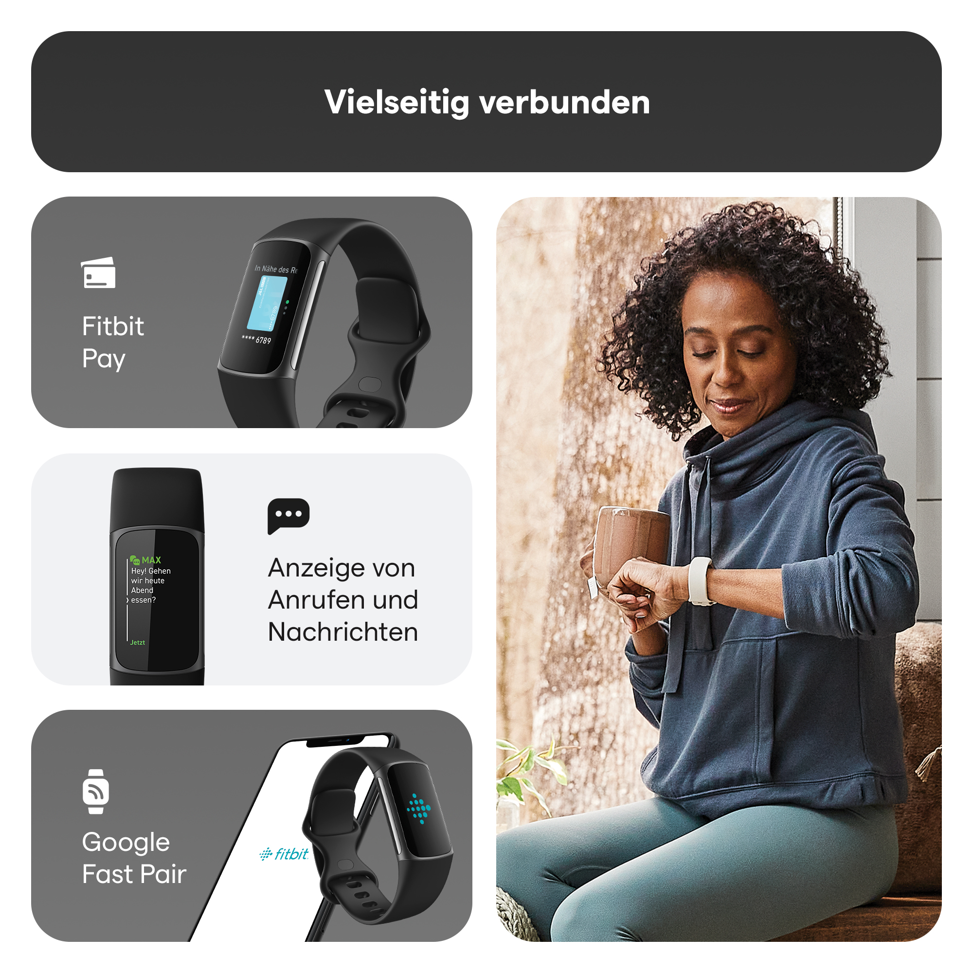 Frau benutzt FitBit. Bilder zeigen Funktionen wie Bezahlen, Anrufe und Google Fast Pair.