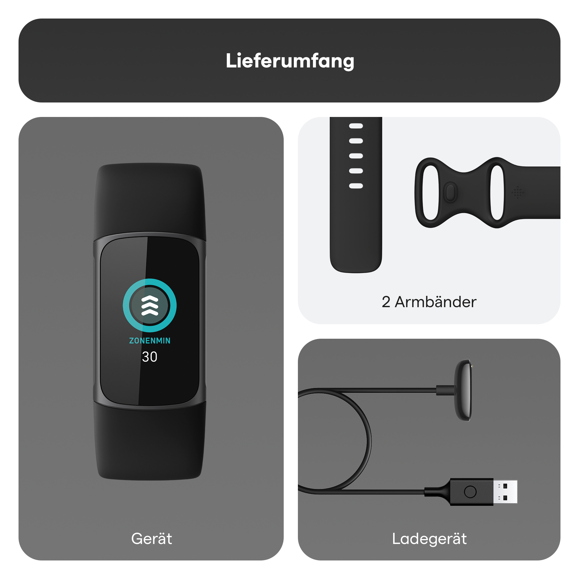 Schwarze Smartwatch und Zubehör. Inklusive Bandteile und Ladegerät.