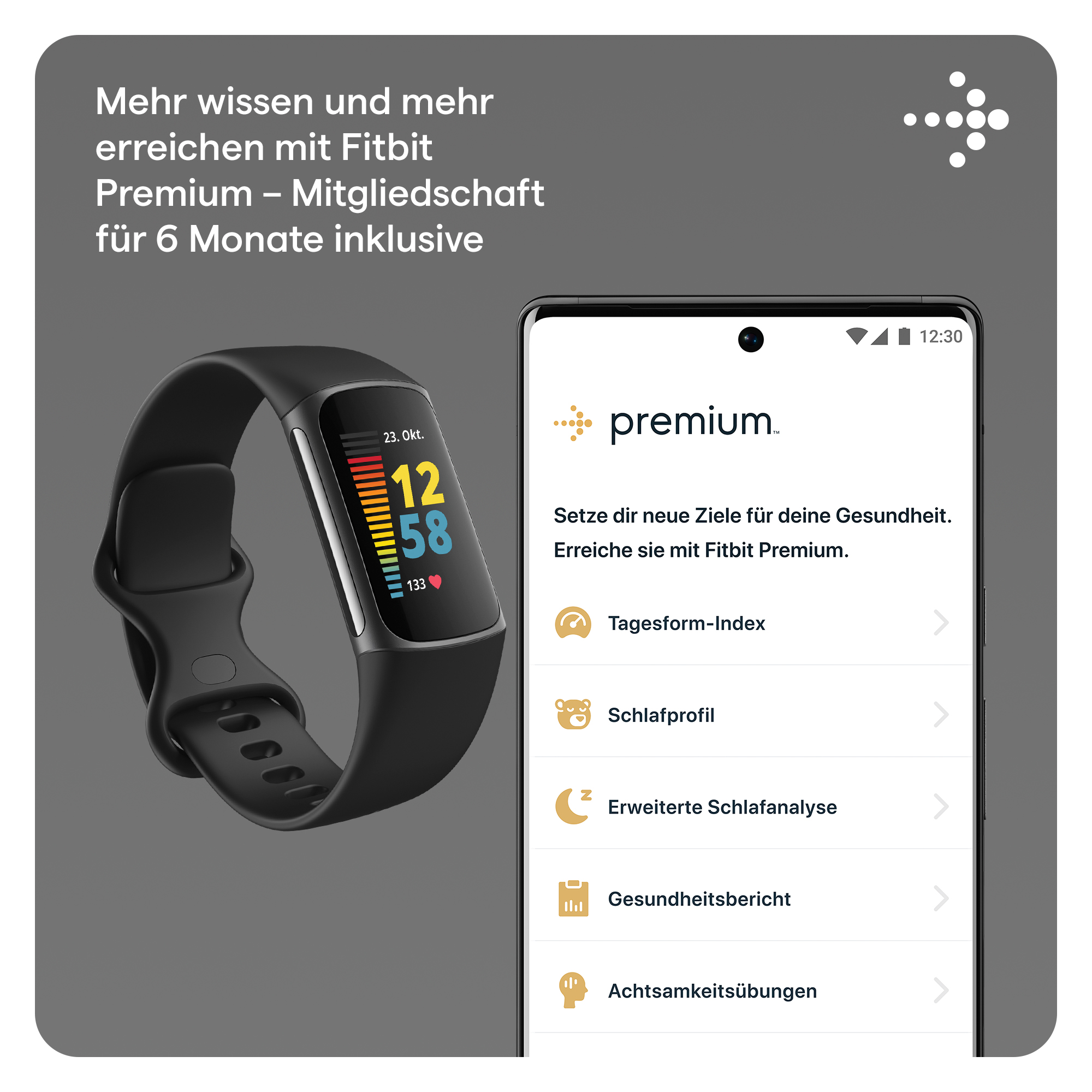 Fitbit-Uhr und Telefon mit App-Bildschirm. Deutscher Text über Fitbit Premium.