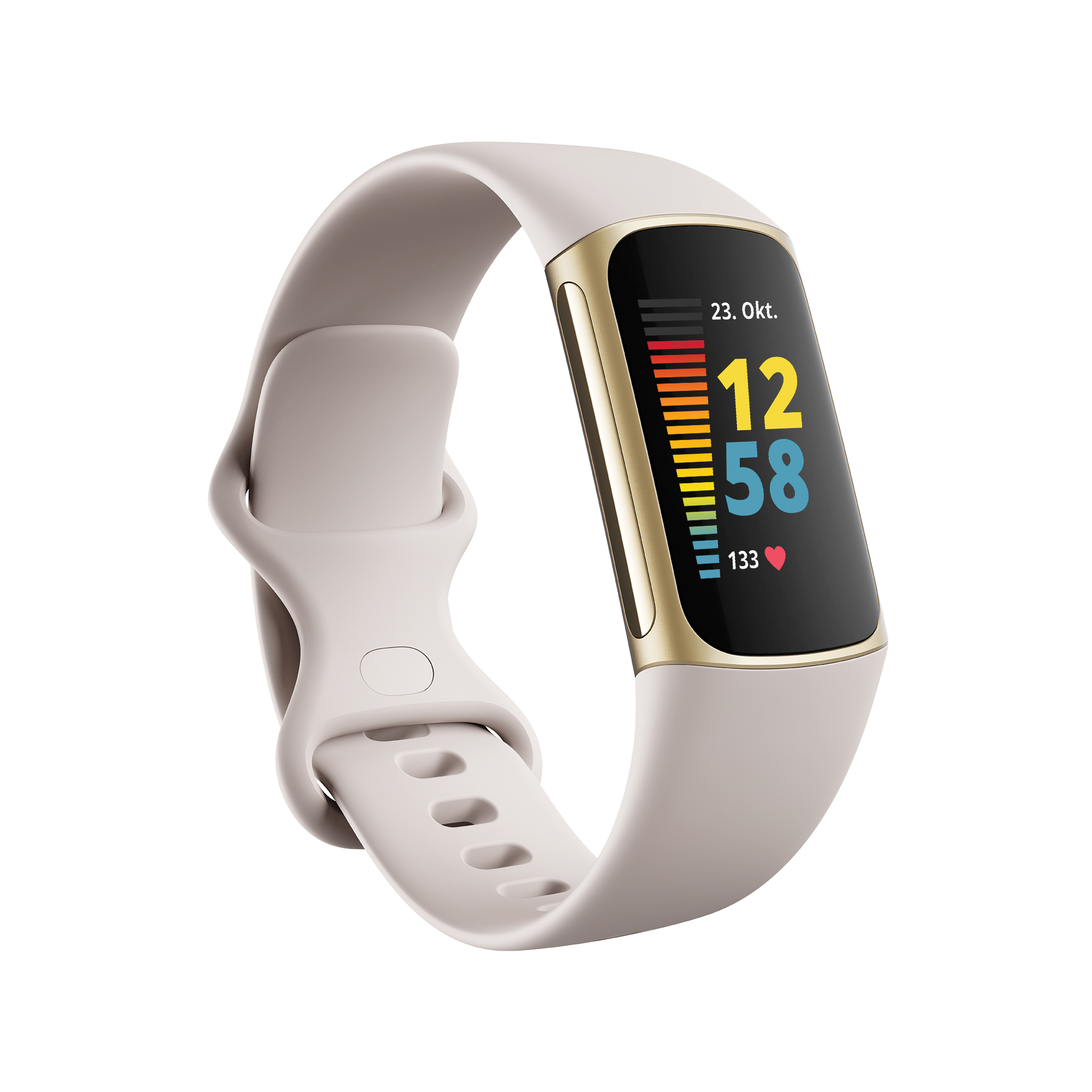 Smartwatch mit hellbeigem Armband und digitaler Anzeige.