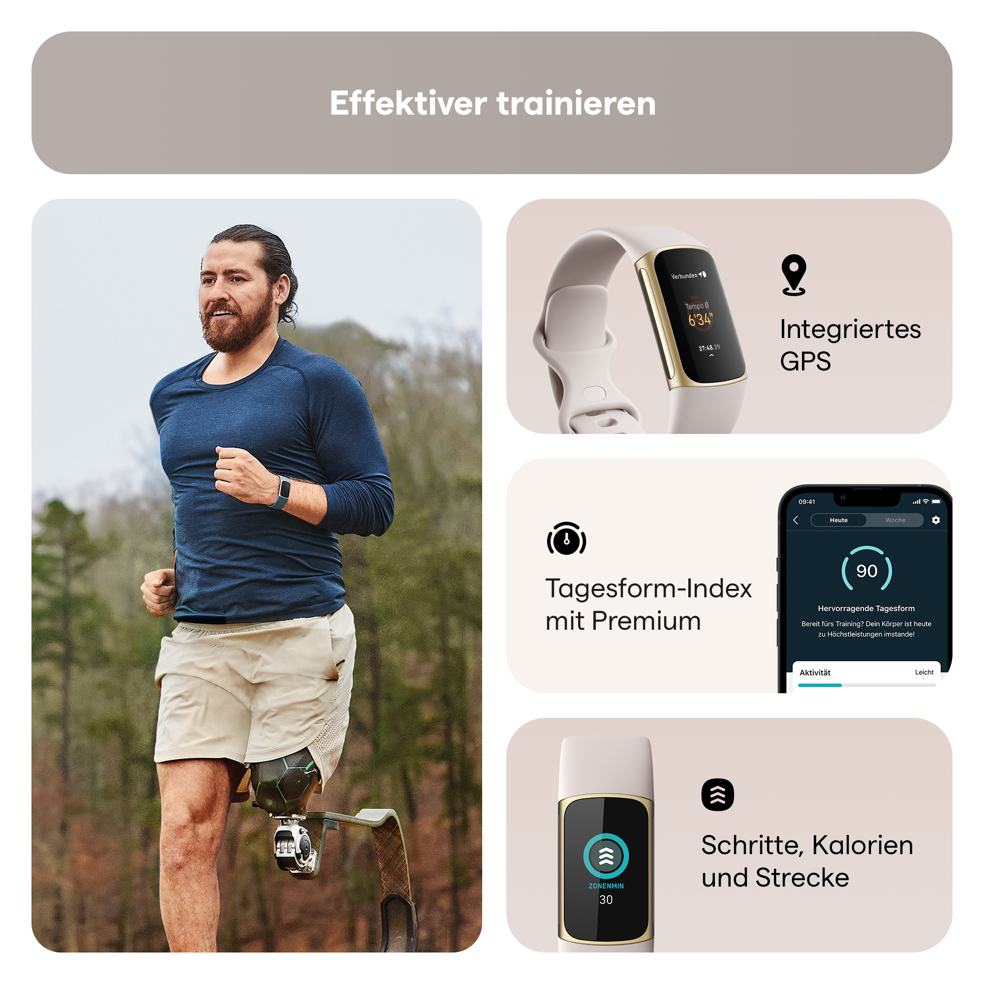 Ein Bild zeigt einen Mann, der mit einem Beinprothese und einer Smartwatch läuft, mit Text.