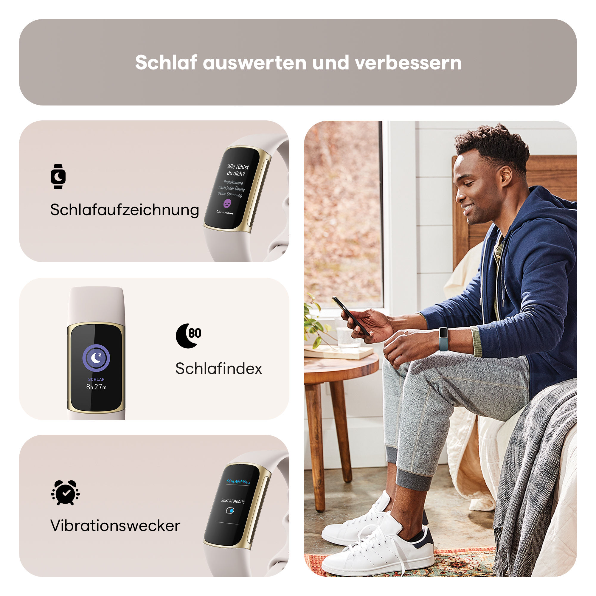 Ein Mann in einem Raum, der sich eine Smartwatch ansieht, mit schlafbezogenen Bildern.