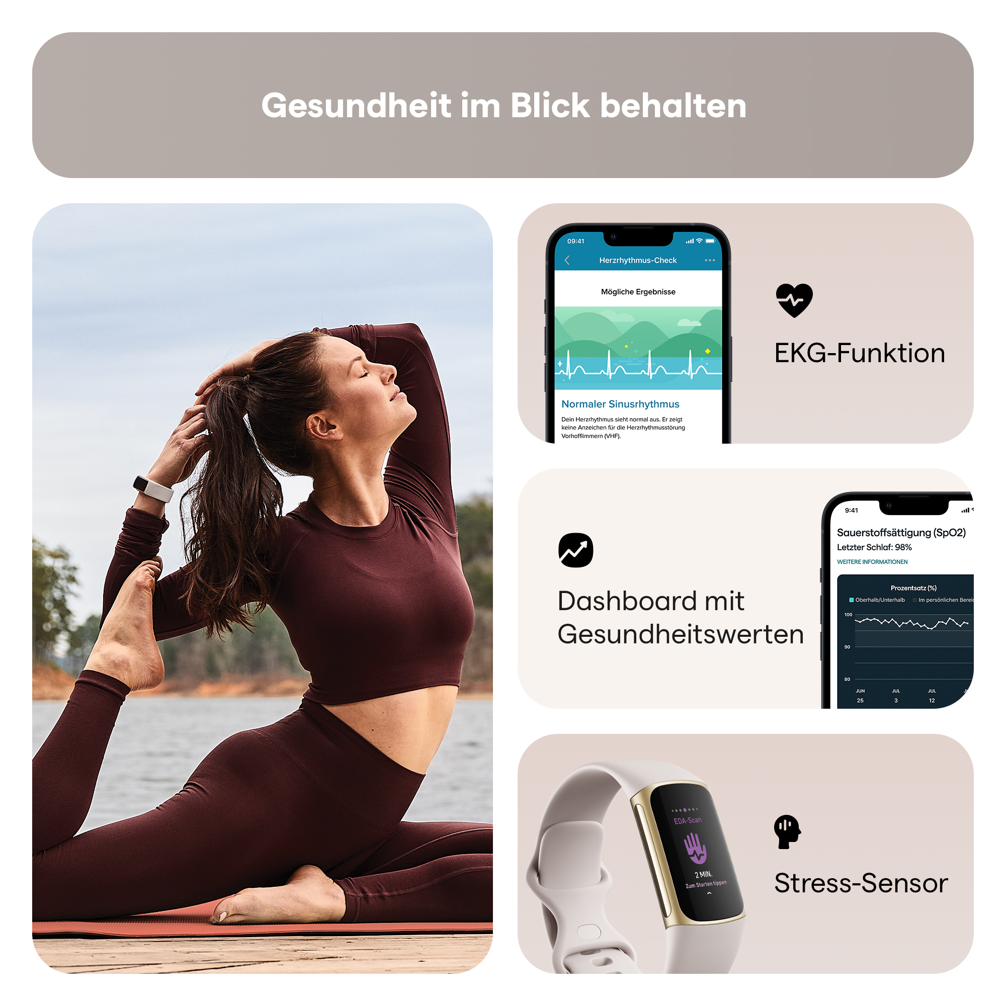 Frau macht Yoga, mit Gesundheitsdatenanzeigen, Text 'Gesundheit im Blick behalten'.