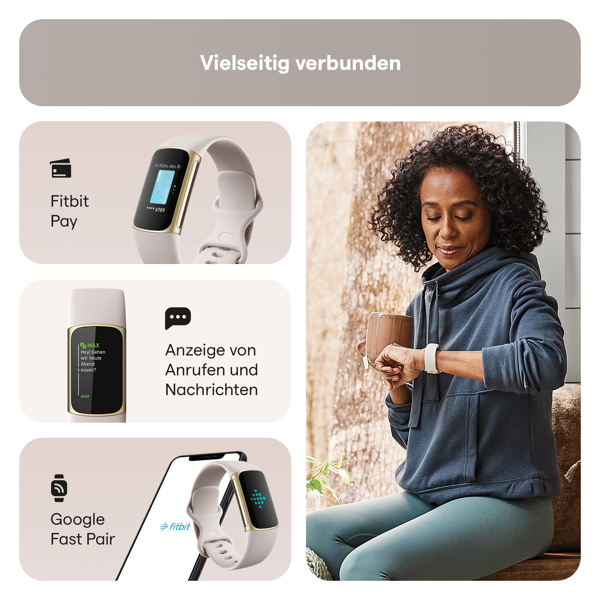 Eine Frau benutzt eine Smartwatch, die Fitbit Pay, Benachrichtigungen und Google Fast Pair zeigt.