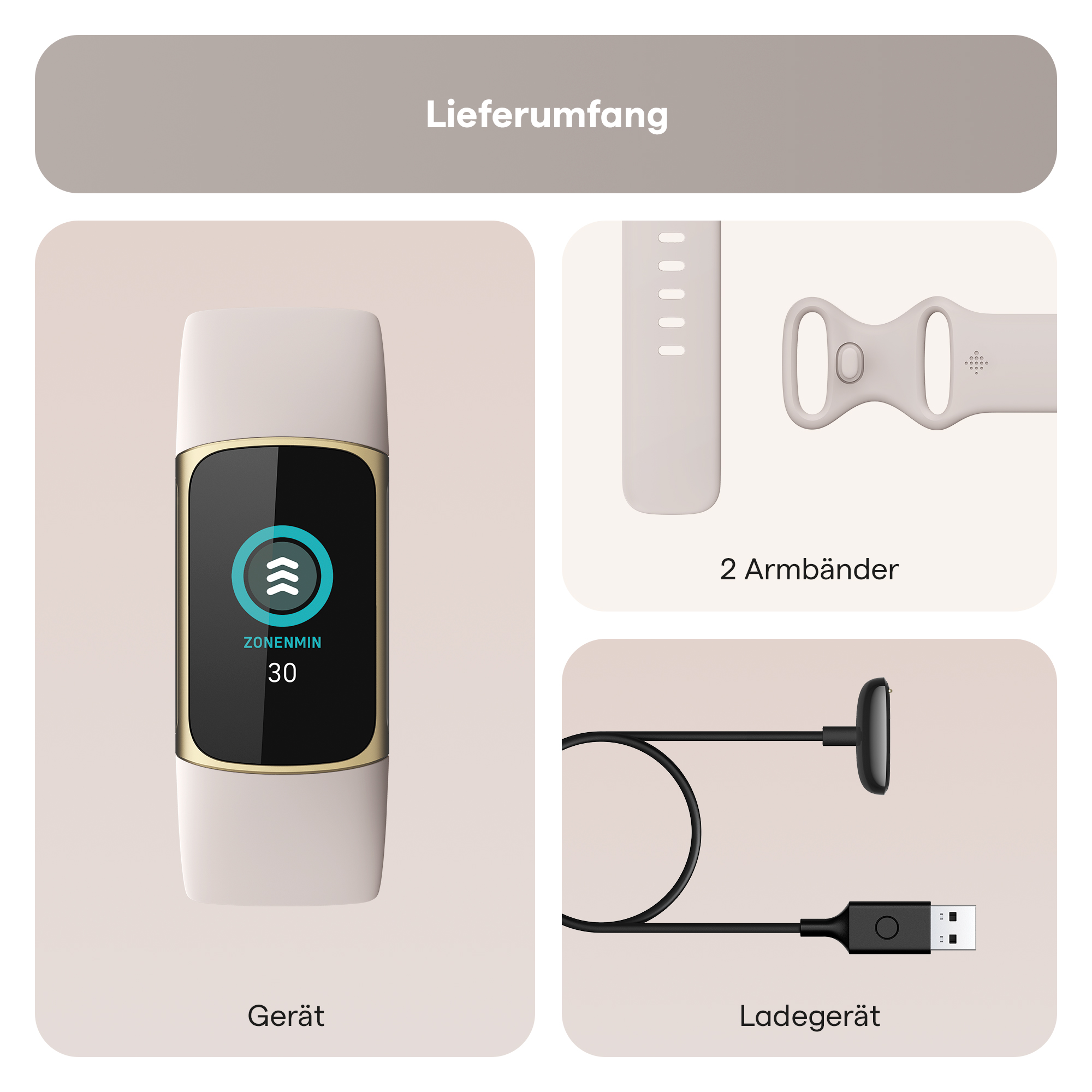 Smartwatch, zwei Armbänder und ein Ladegerät. Artikel sind weiß und grau, das Ladegerät ist schwarz.