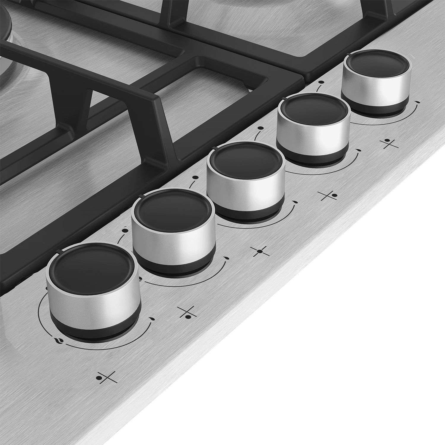 Primo piano di un piano cottura a gas. Cinque manopole argentate controllano i bruciatori.