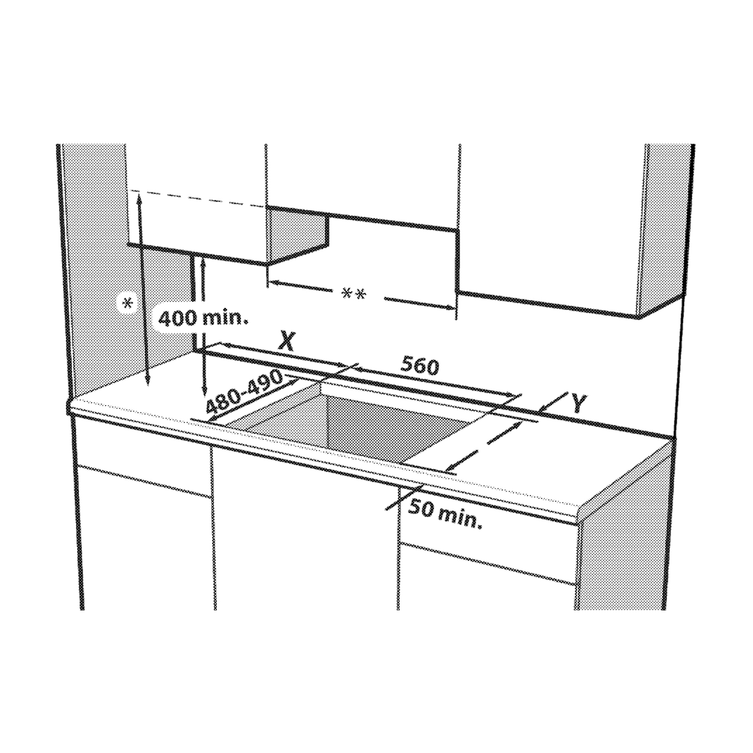 Un disegno tecnico dell'installazione di un lavello da cucina con dimensioni e misure.