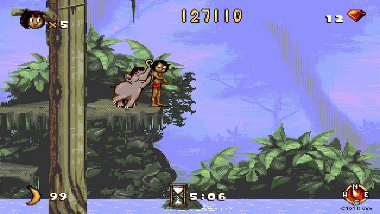 Scena di videogioco pixelata, ragazzo ed elefante su una scogliera.