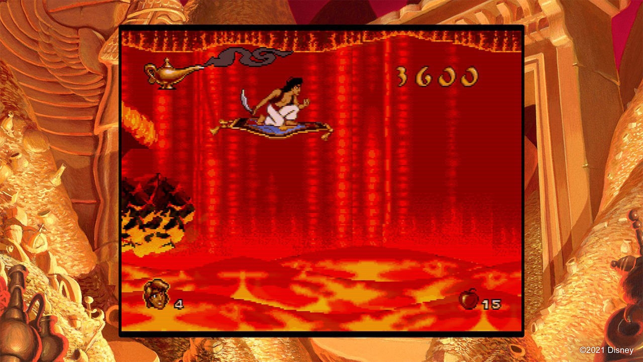 Scena del videogioco Aladdin. Aladdin su un tappeto volante sopra la lava, con 3600 punti.