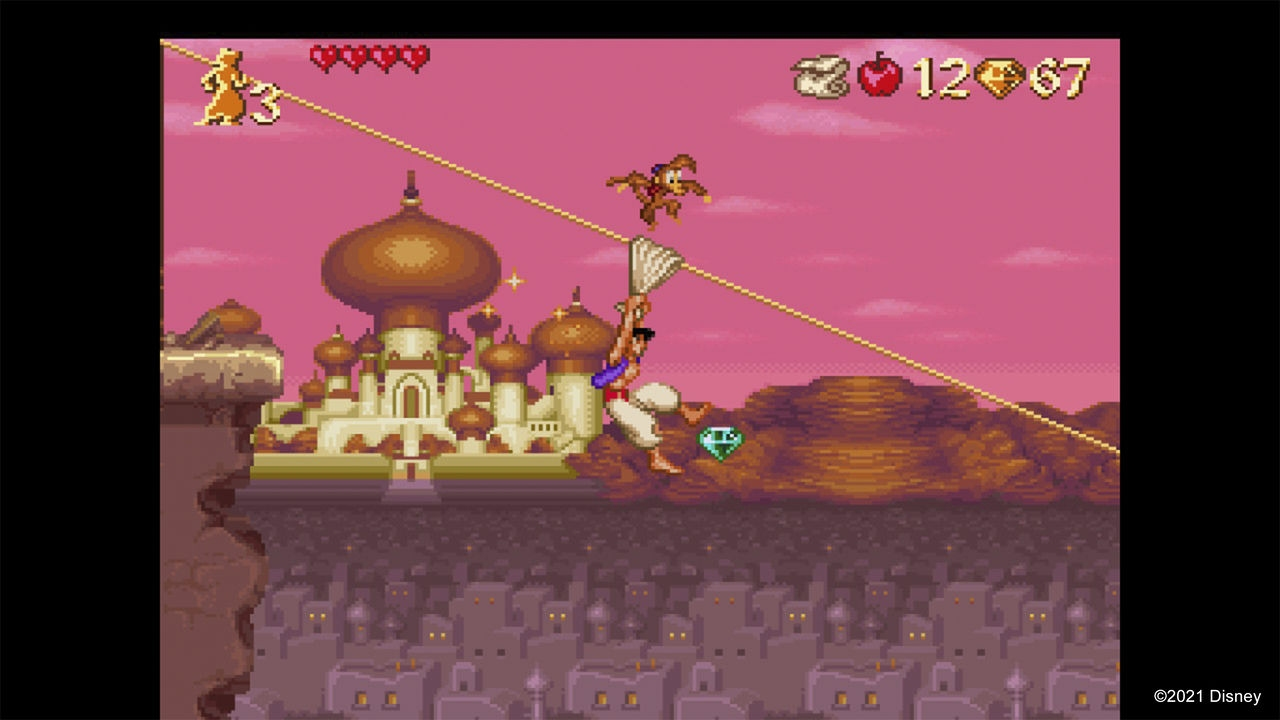 Aladdin su un filo, Genio vola con bandiera. Un palazzo sullo sfondo. Stile pixelato.