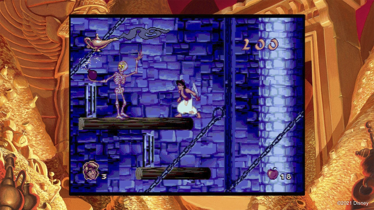 Scena del videogioco Aladdin. Aladdin su una piattaforma che combatte contro uno scheletro.