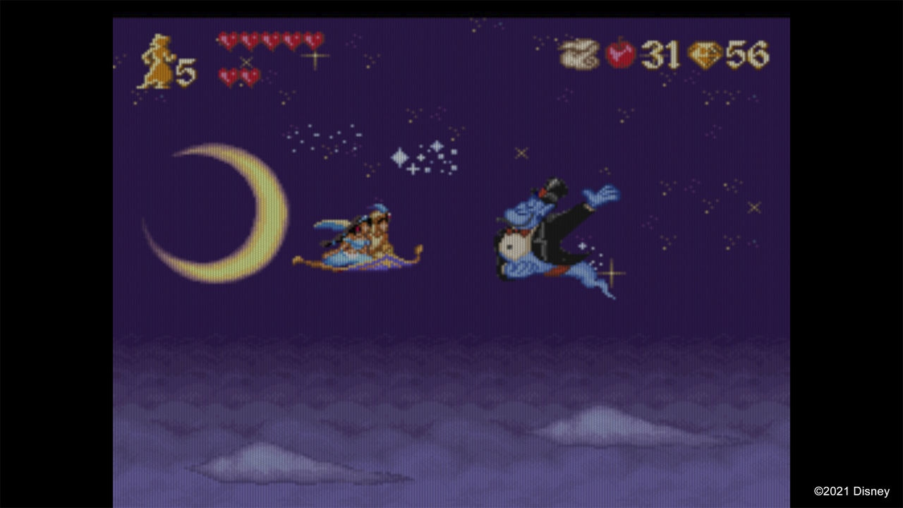 Aladdin e il Genio su un tappeto volante, che volano nel cielo notturno, videogioco pixelato.