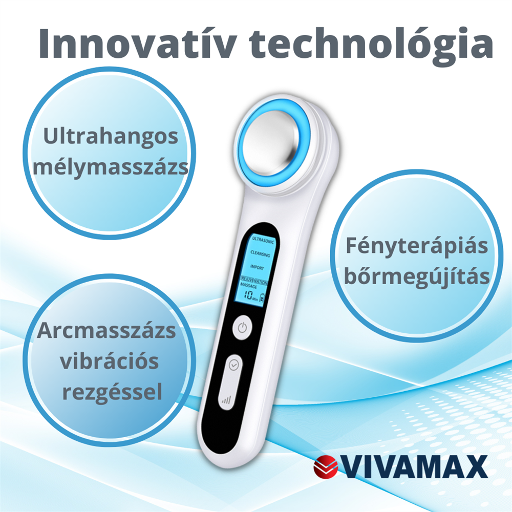 Fehér arcmasszírozó készülék kék fénnyel és magyar nyelvű szöveggel.