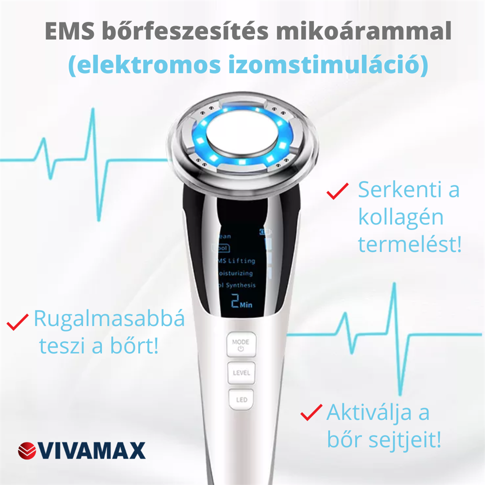 Arcápoló készülék szöveggel és grafikákkal, a bőr ápolásának előnyeit hirdetve.